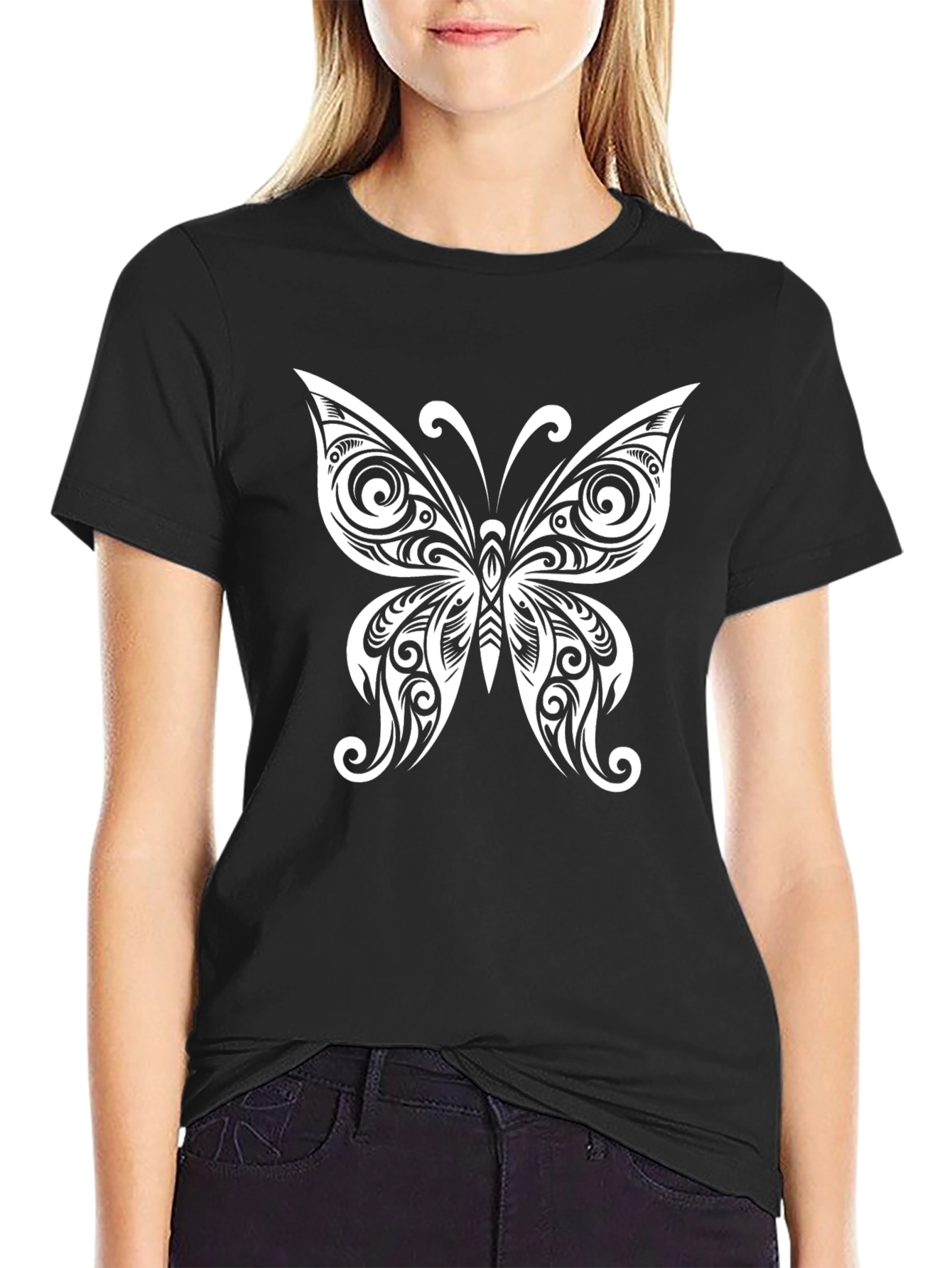 Butterfly Tattoo Style Graphic Tee - Black Cotton Blend
