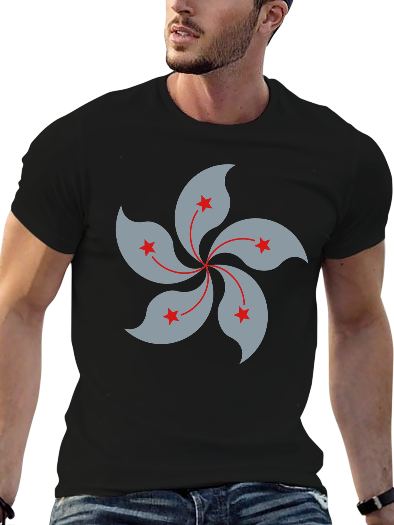 Black T-Shirt with Hong Kong Bauhinia Flower Design