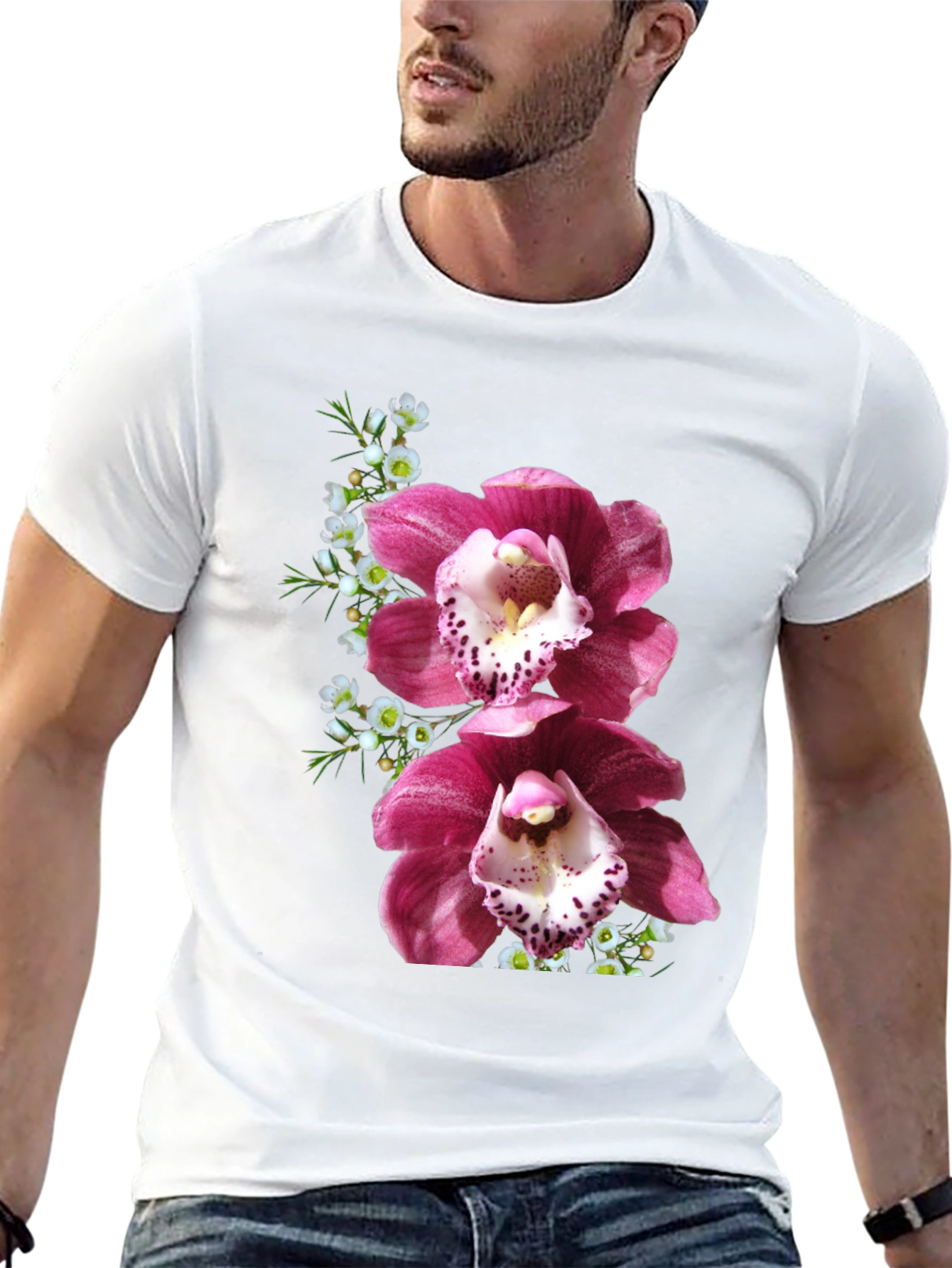 Floral Orchid Print T-Shirt - Black
