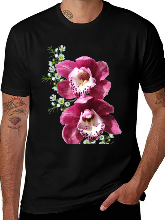 Floral Orchid Print T-Shirt - Black