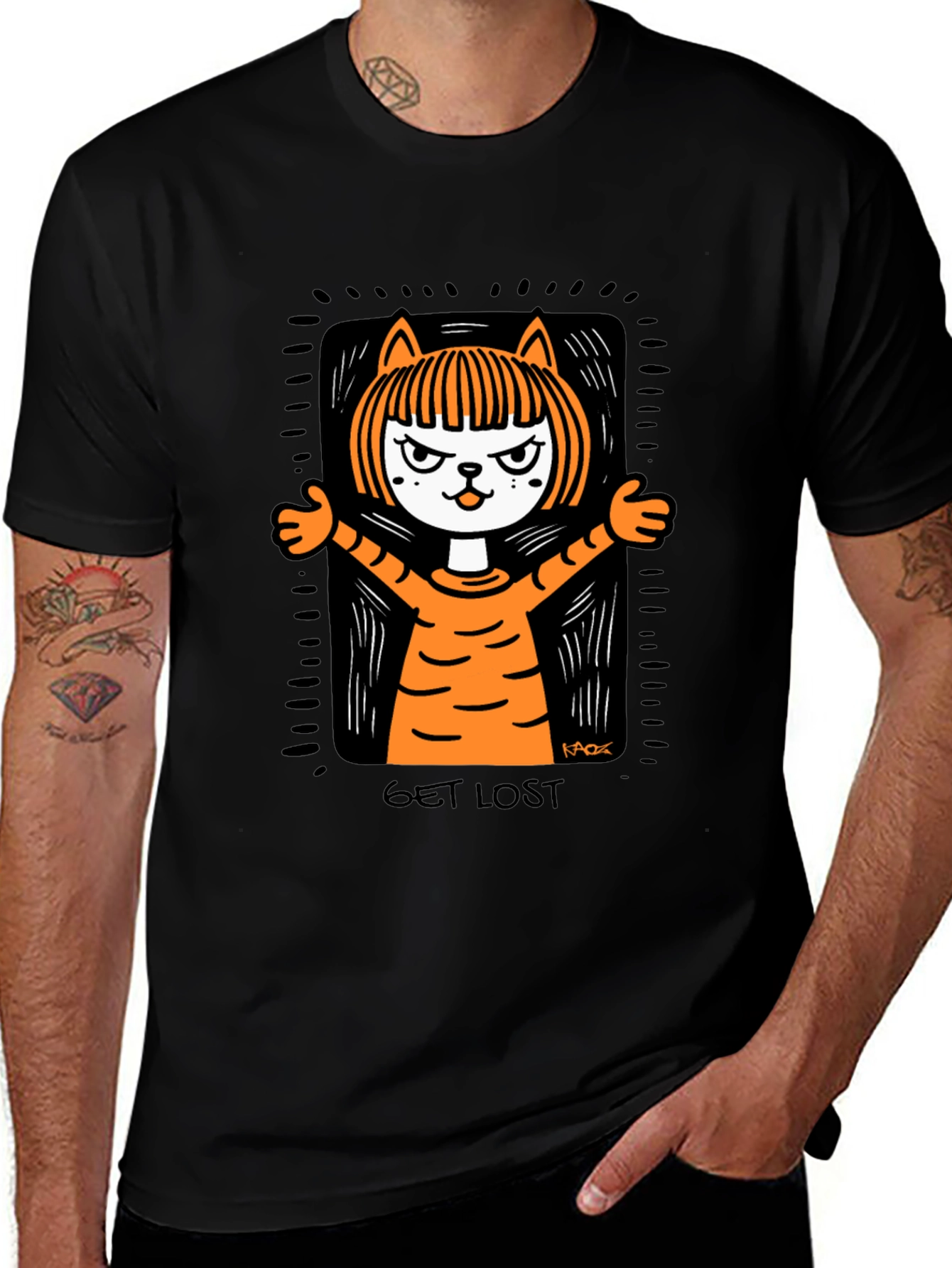 Get Lost Cat Graphic Tee - Mens Black T-Shirt