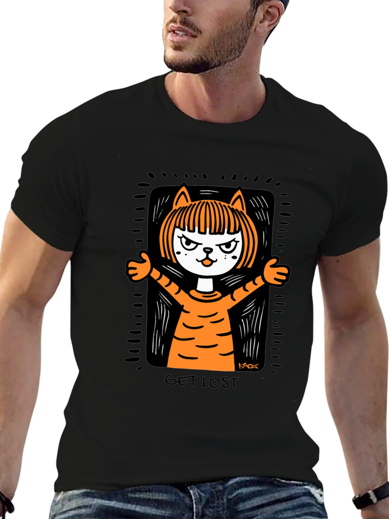 Get Lost Cat Graphic Tee - Mens Black T-Shirt