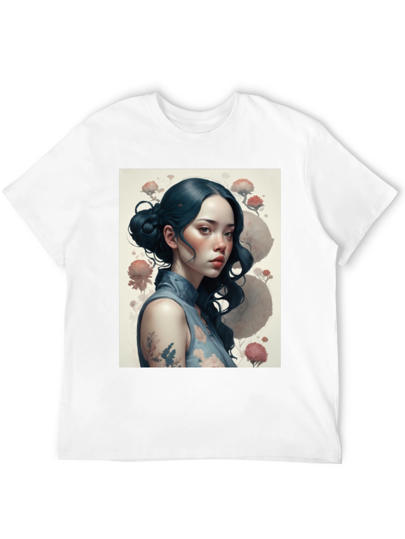 Artistic Asian Girl Graphic Black T-Shirt