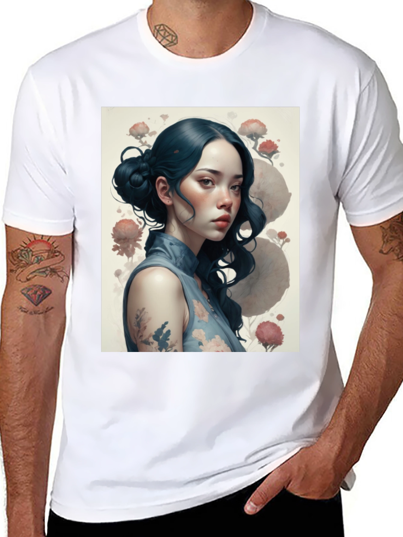 Artistic Asian Girl Graphic Black T-Shirt