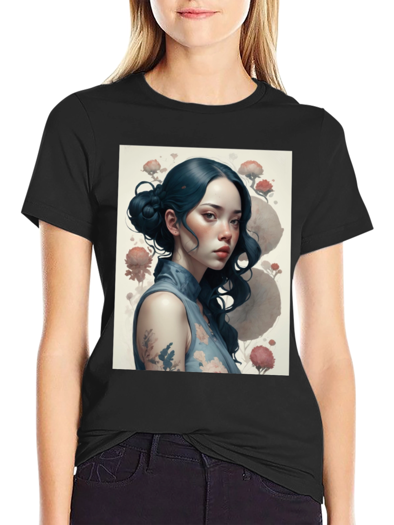 Artistic Asian Girl Graphic Black T-Shirt