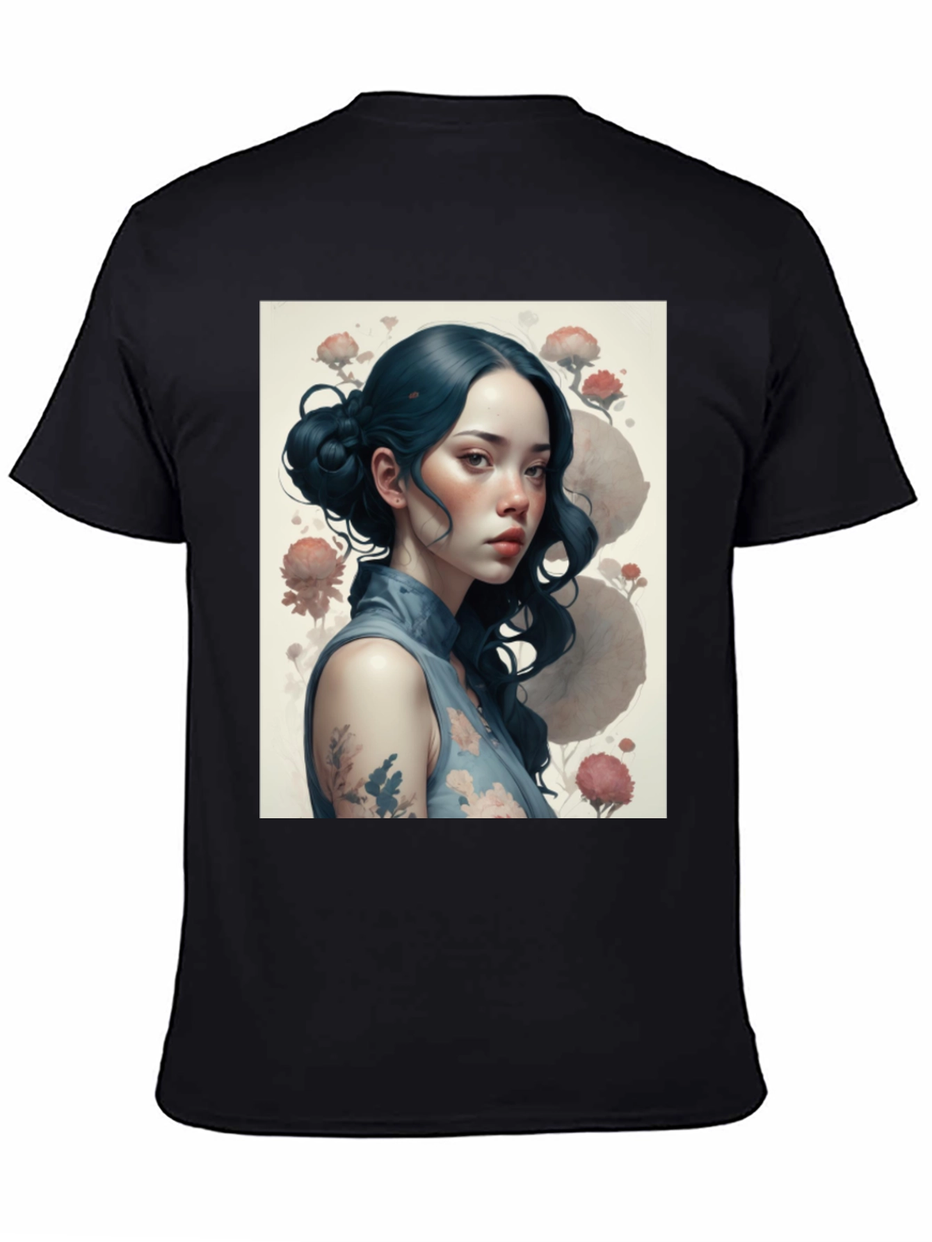 Artistic Asian Girl Graphic Black T-Shirt