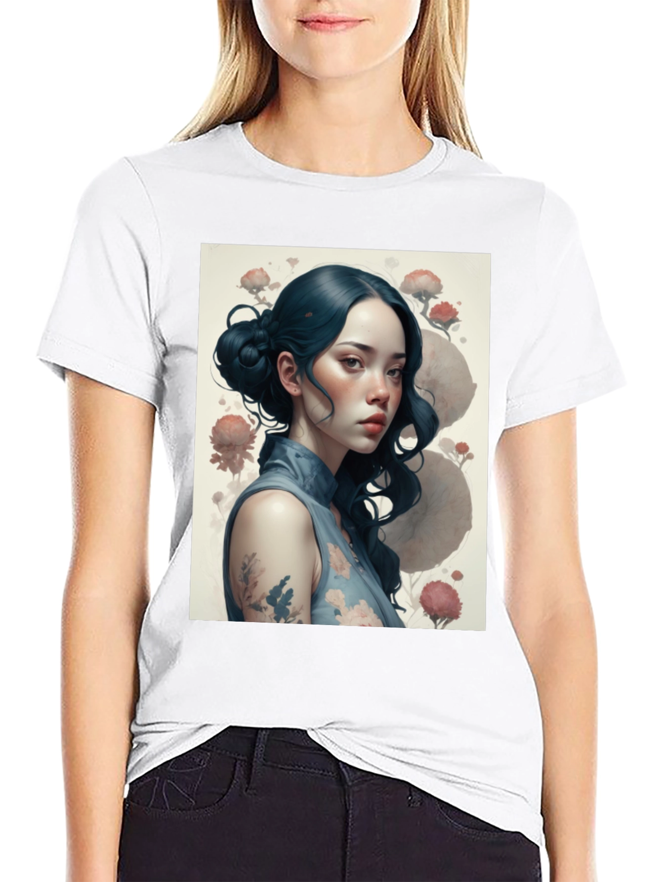 Artistic Asian Girl Graphic Black T-Shirt