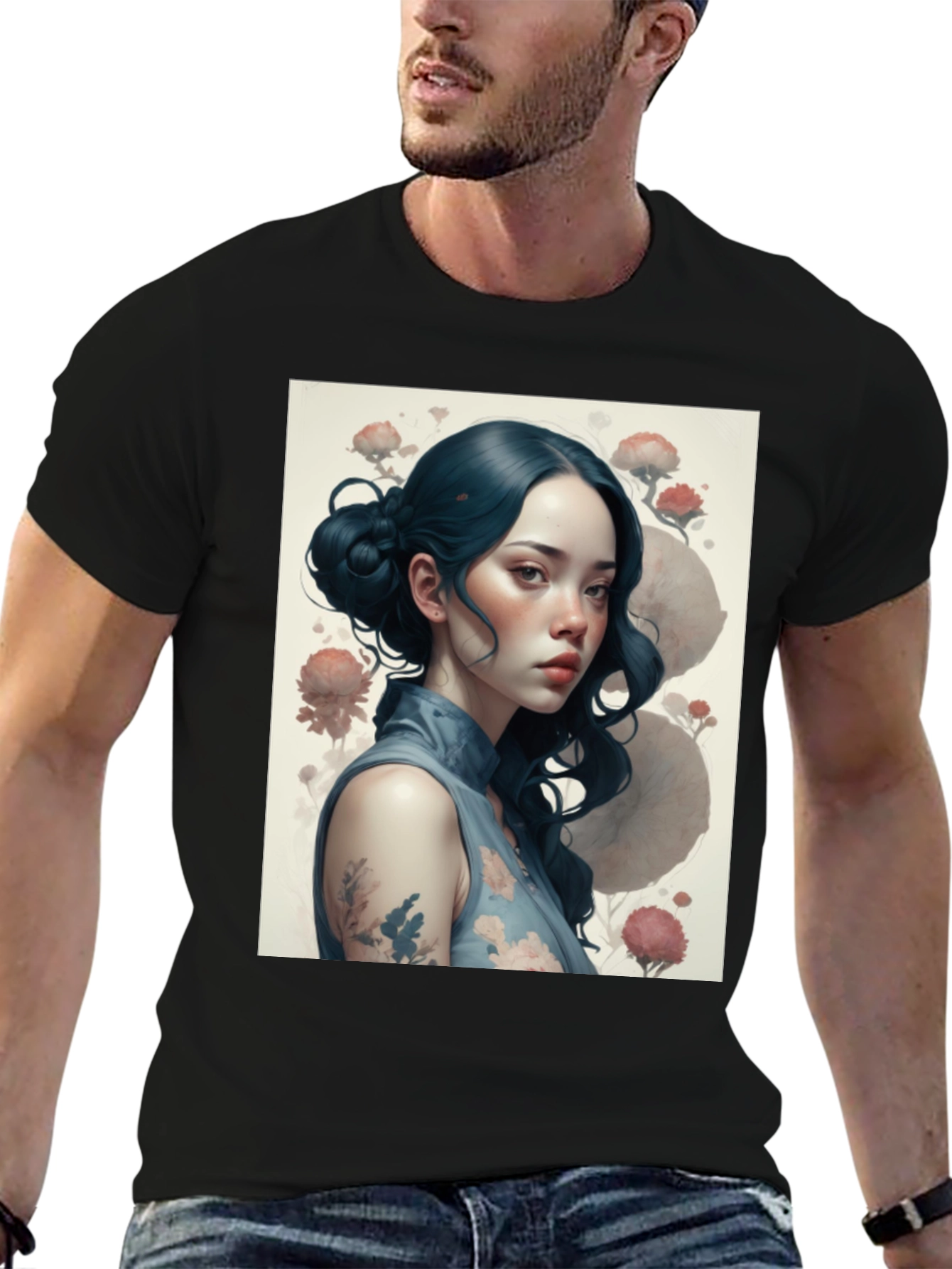 Artistic Asian Girl Graphic Black T-Shirt