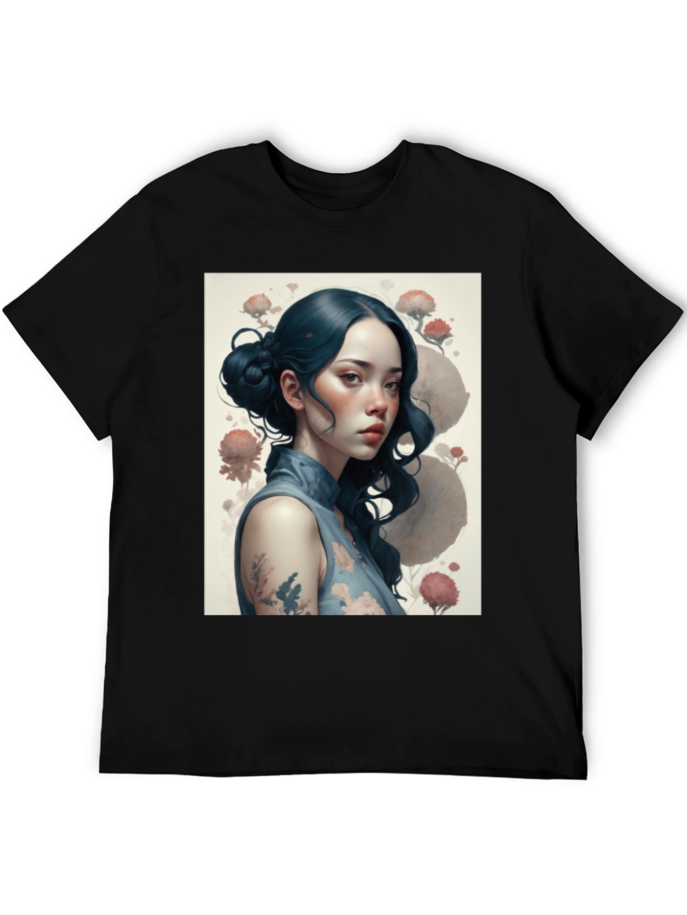 Artistic Asian Girl Graphic Black T-Shirt