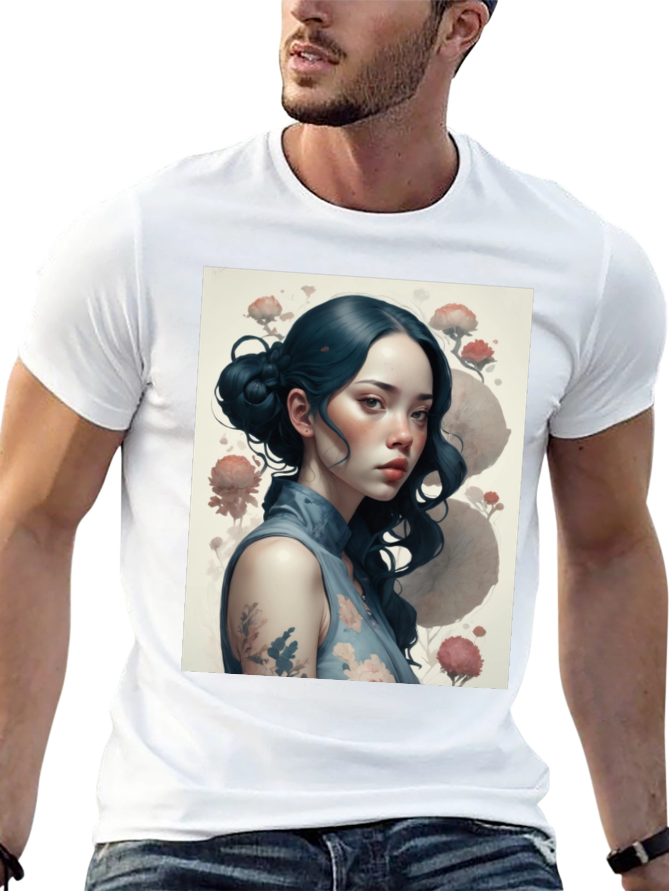 Artistic Asian Girl Graphic Black T-Shirt
