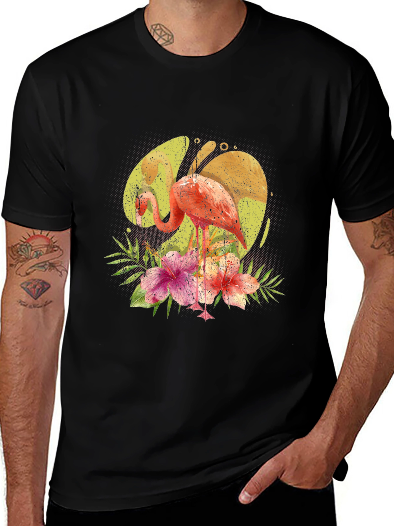 Flamingo Floral Print Black T-Shirt