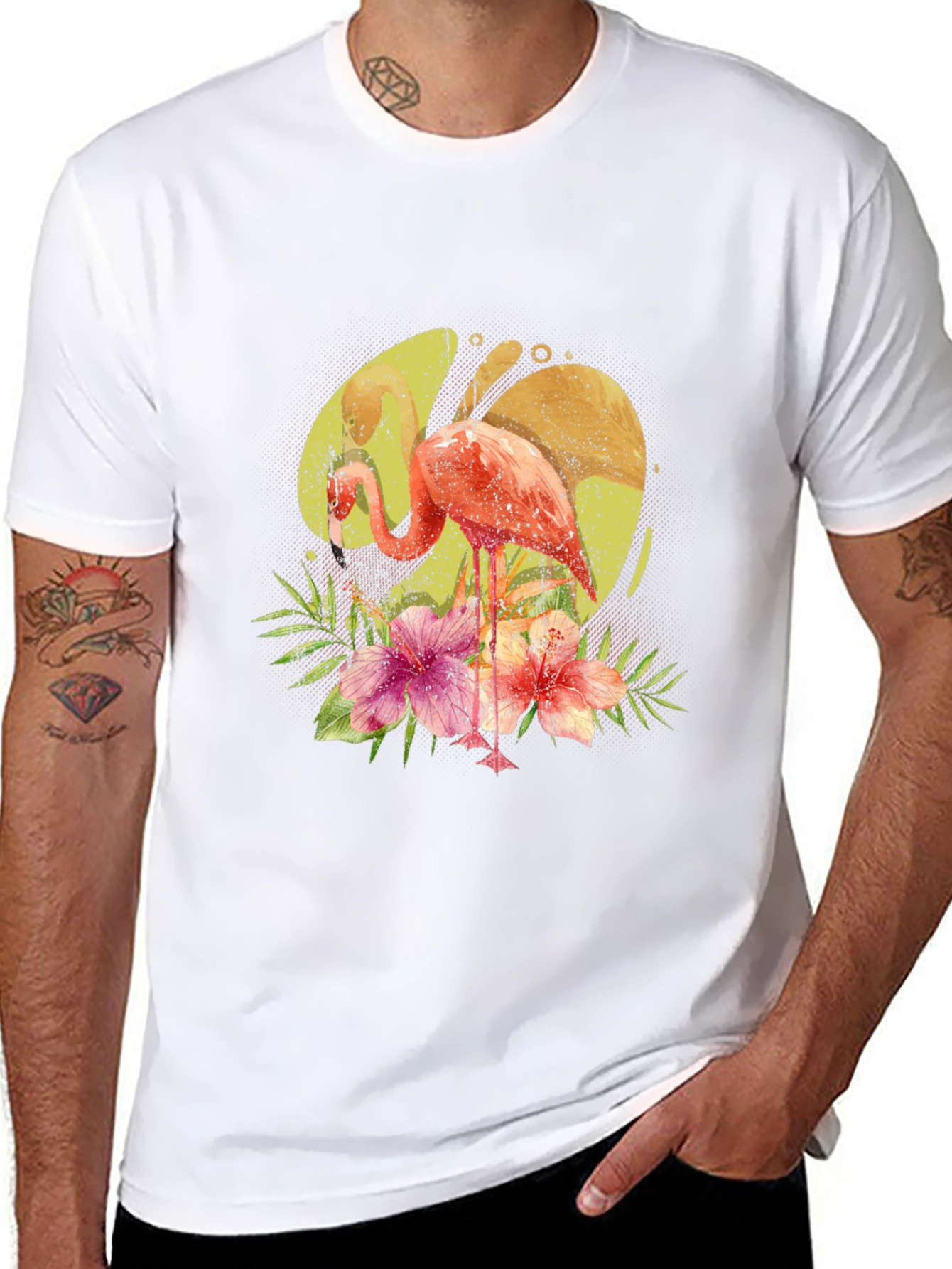 Flamingo Floral Print Black T-Shirt
