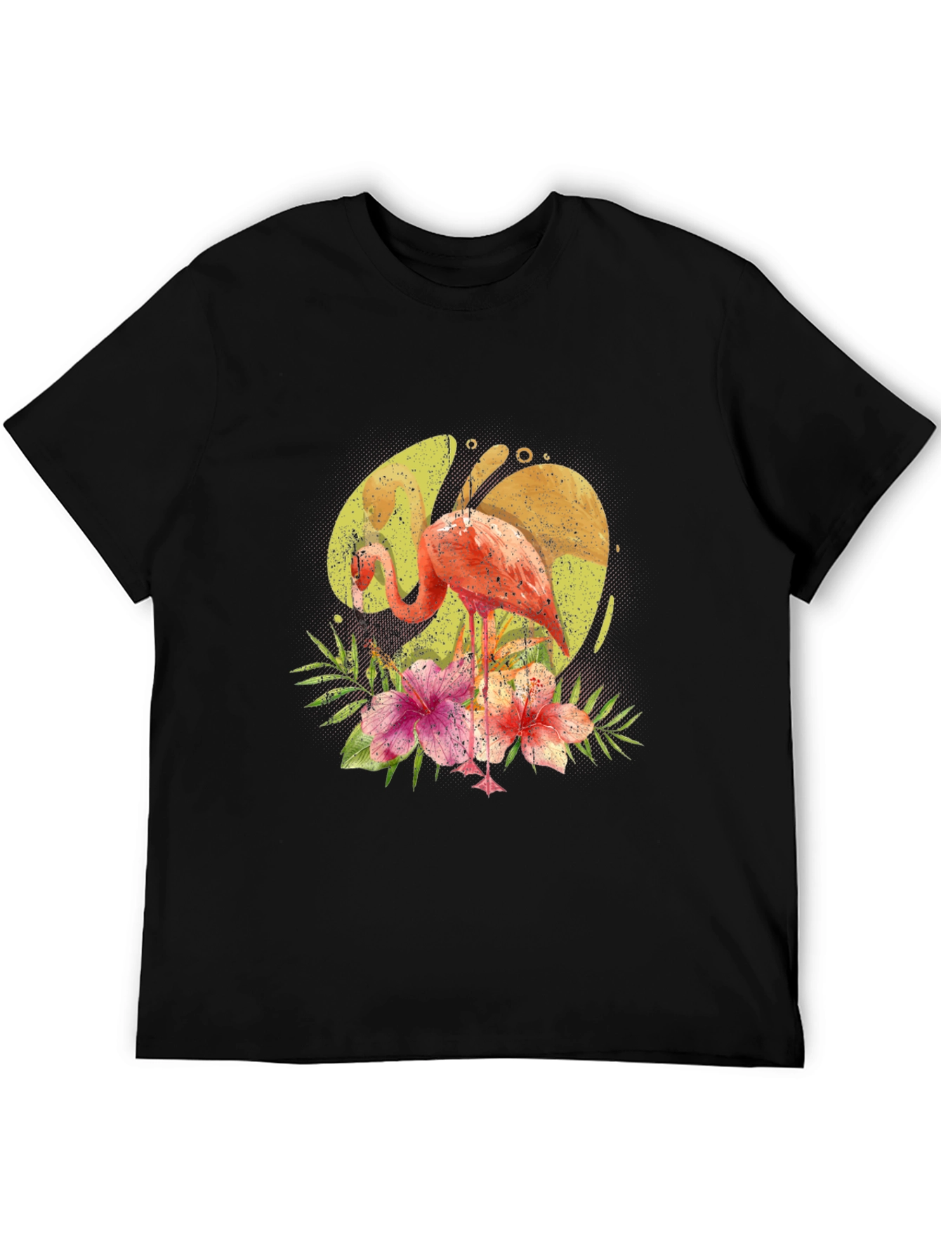 Flamingo Floral Print Black T-Shirt
