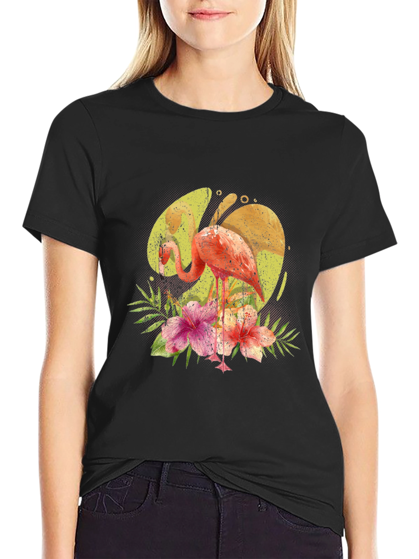 Flamingo Floral Print Black T-Shirt