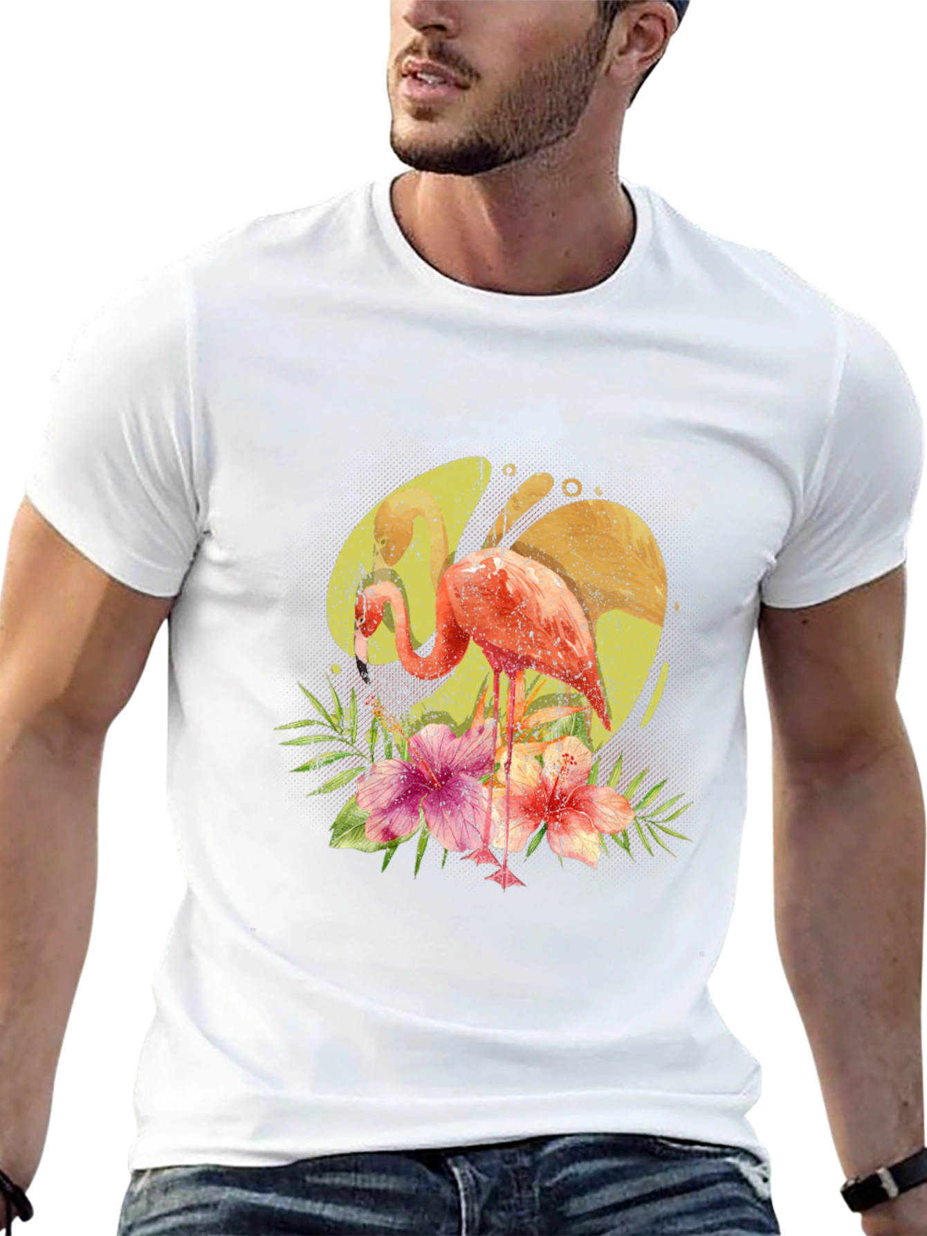 Flamingo Floral Print Black T-Shirt