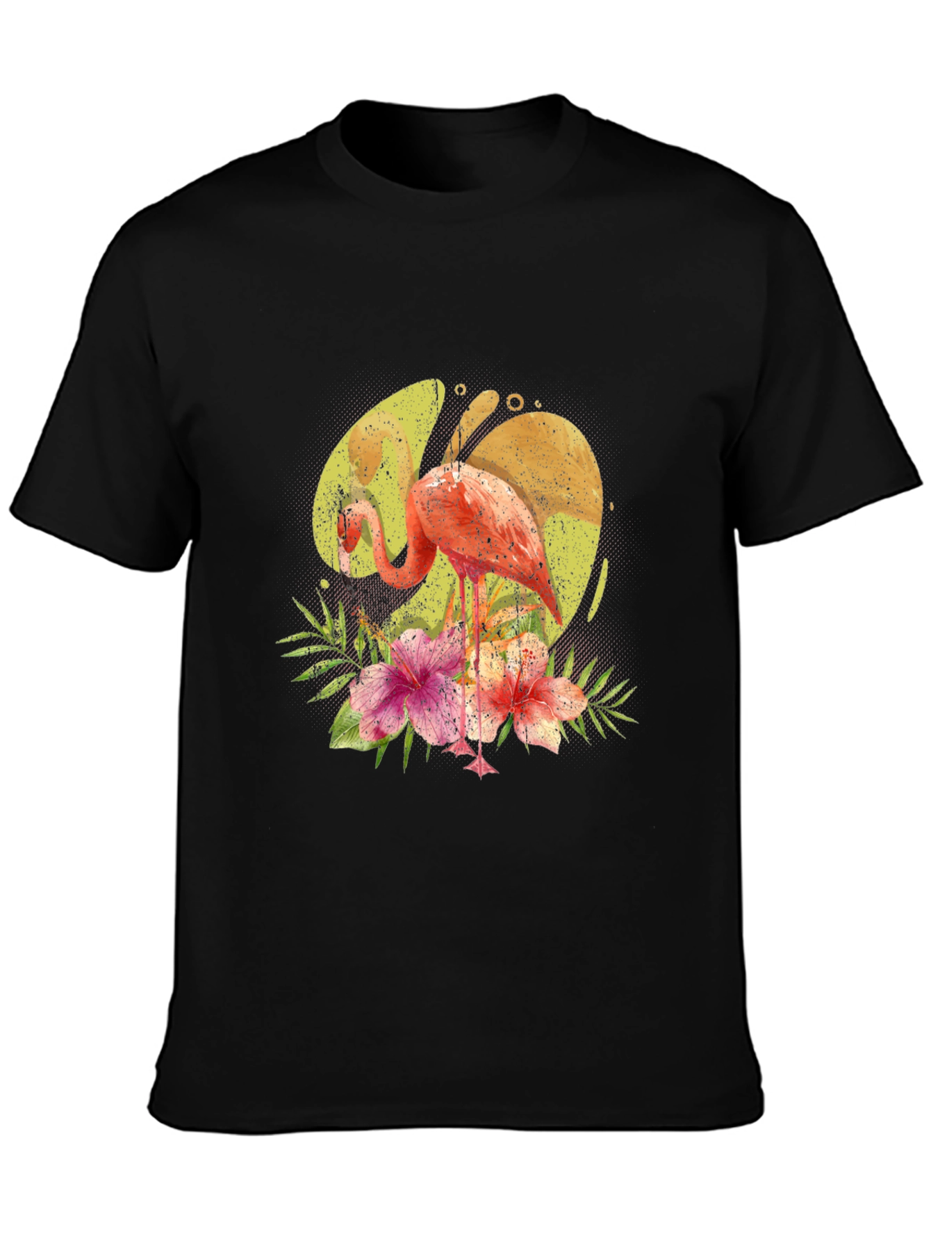 Flamingo Floral Print Black T-Shirt