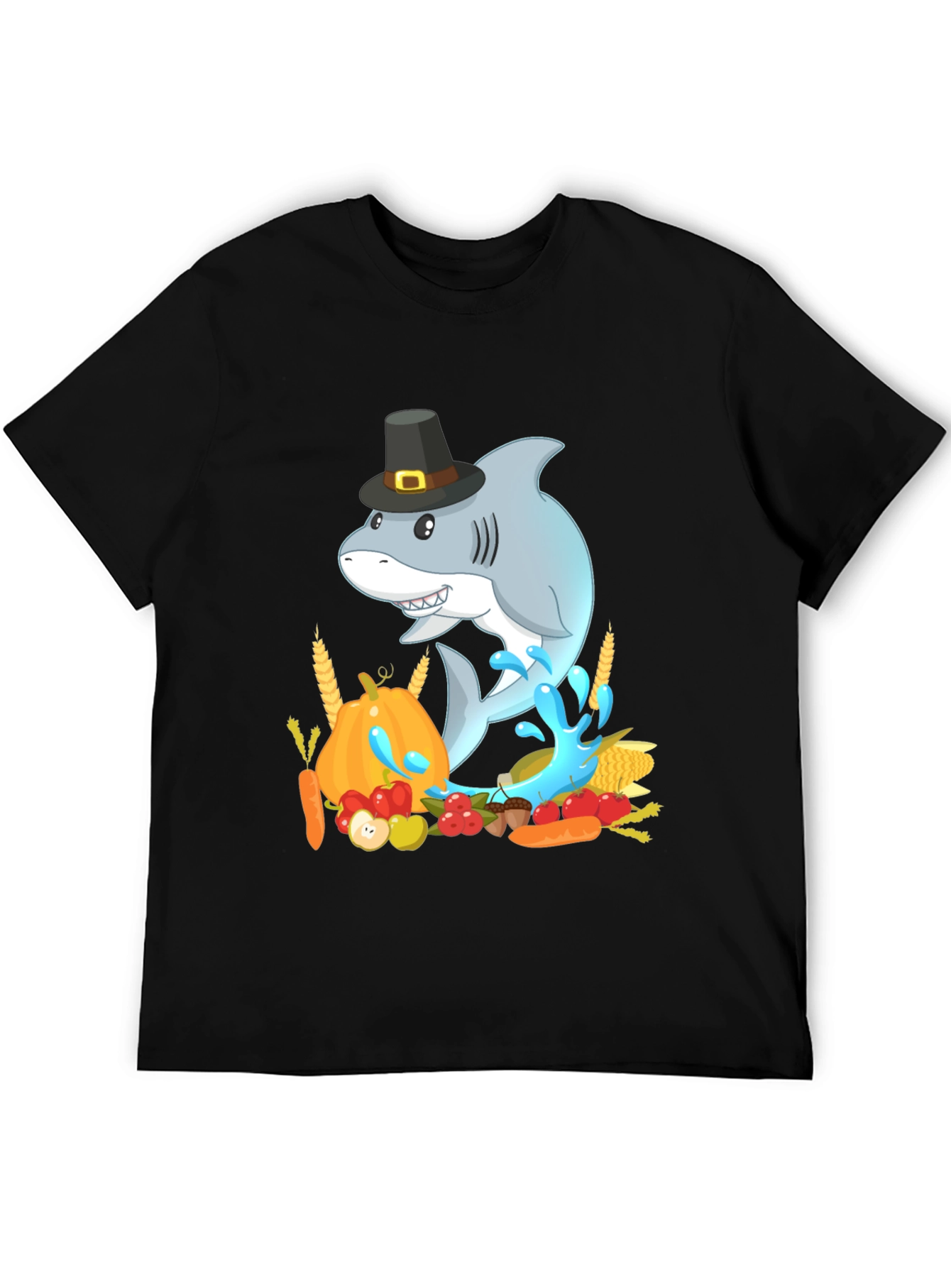 Thanksgiving Shark Mens Black T-Shirt