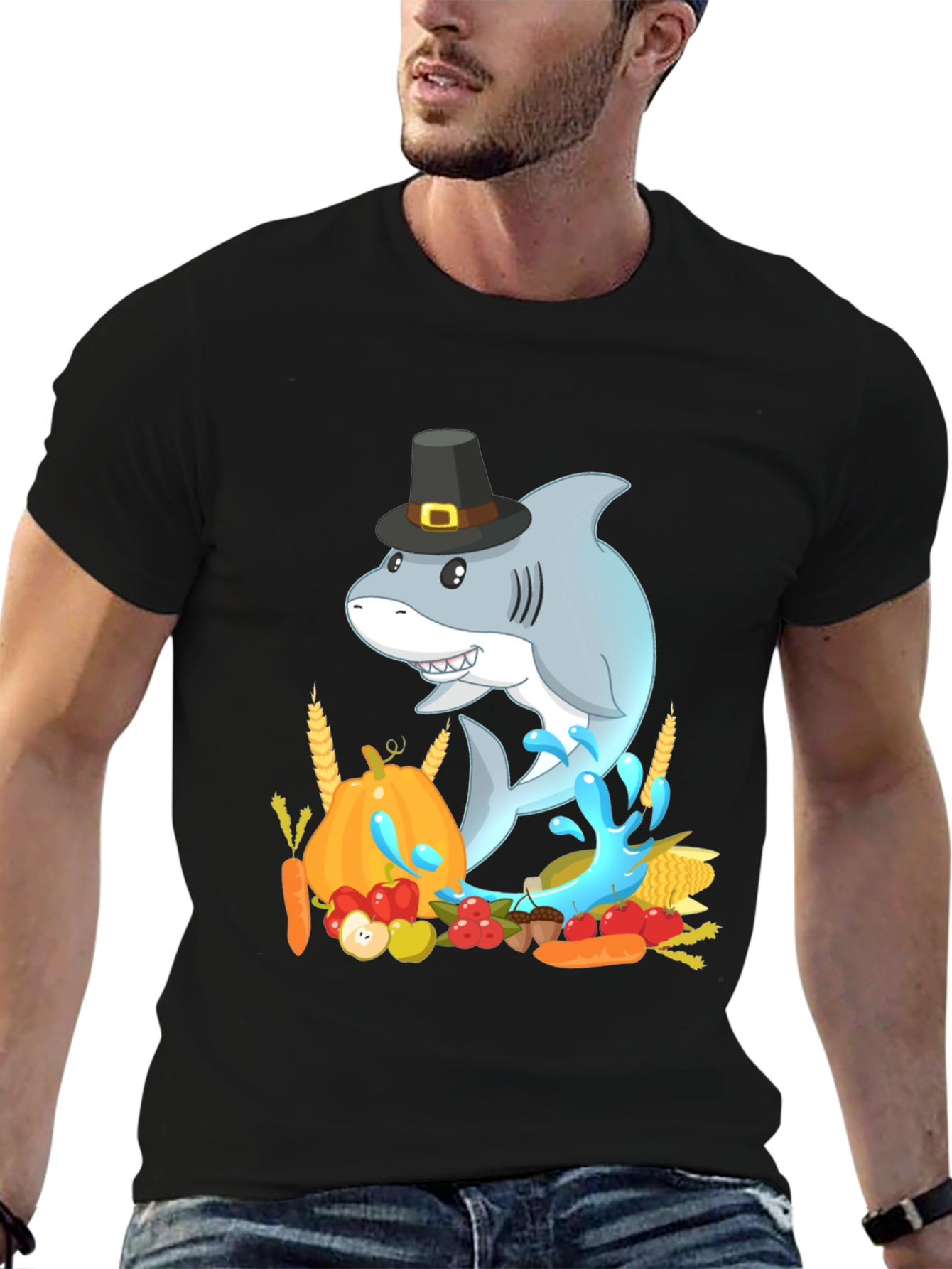 Thanksgiving Shark Mens Black T-Shirt