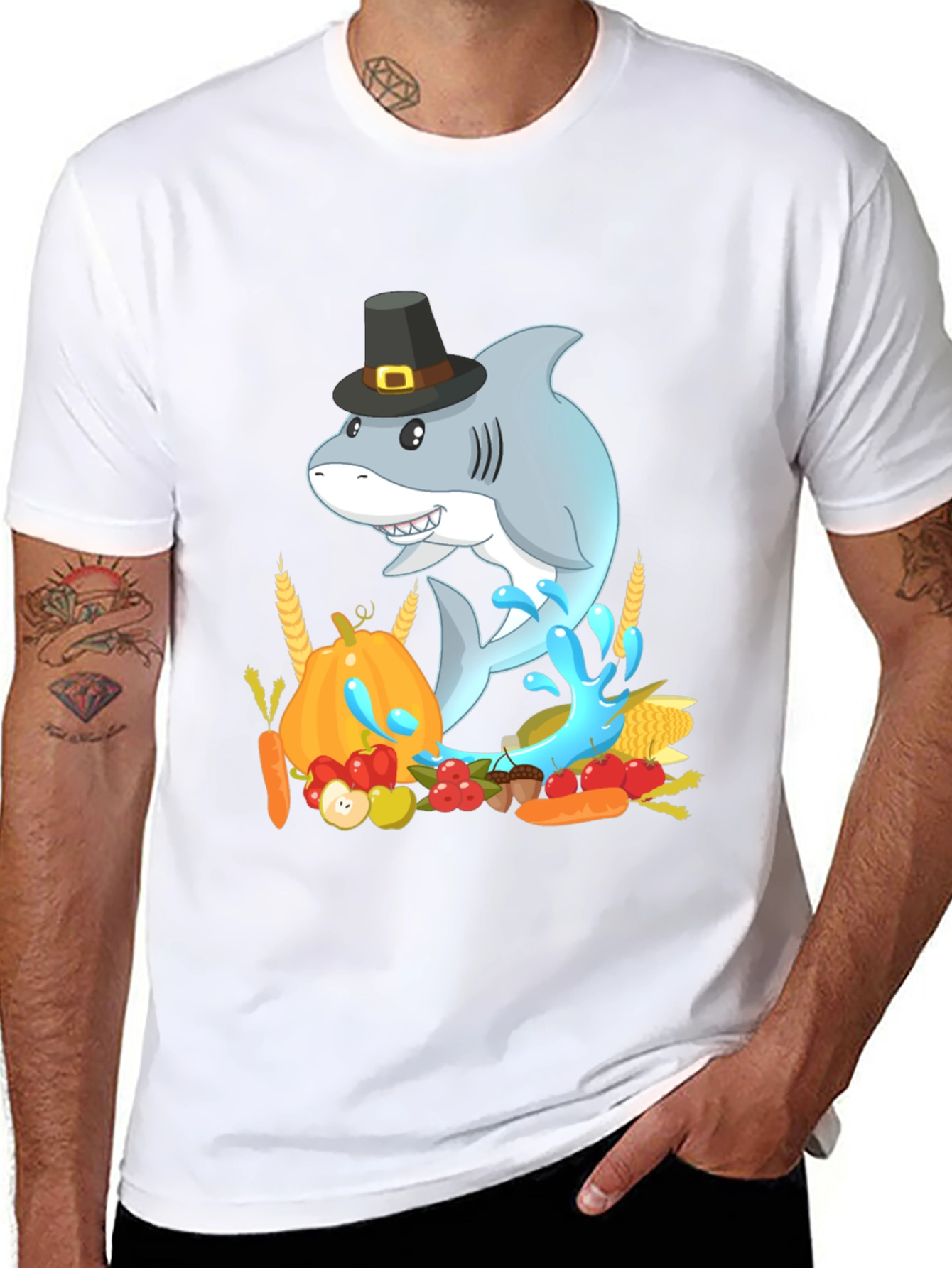 Thanksgiving Shark Mens Black T-Shirt
