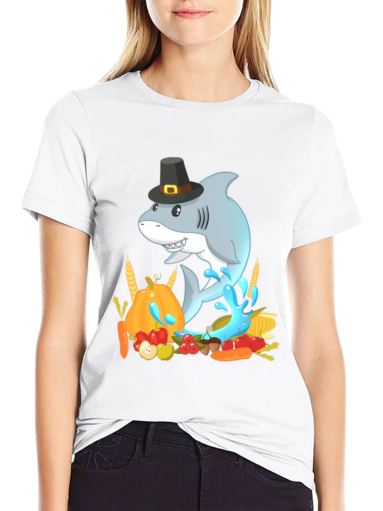 Thanksgiving Shark Mens Black T-Shirt
