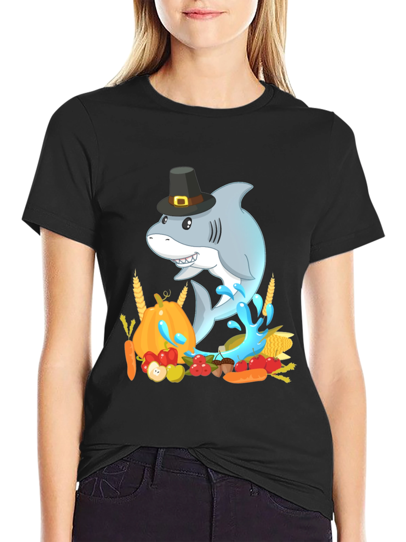 Thanksgiving Shark Mens Black T-Shirt