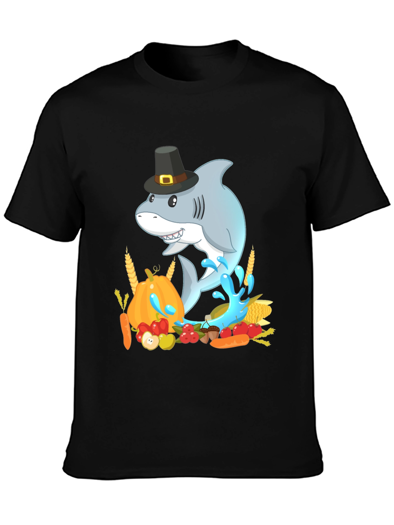 Thanksgiving Shark Mens Black T-Shirt
