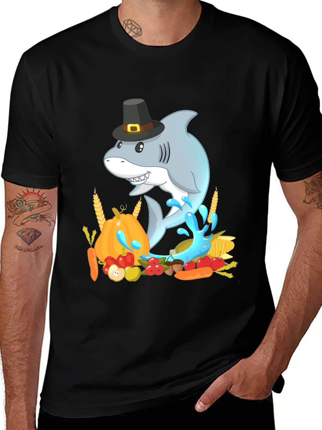 Thanksgiving Shark Mens Black T-Shirt