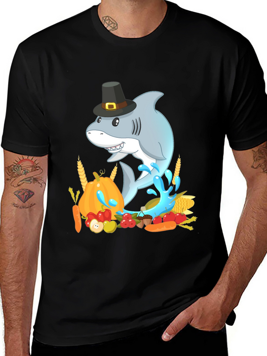 Thanksgiving Shark Mens Black T-Shirt