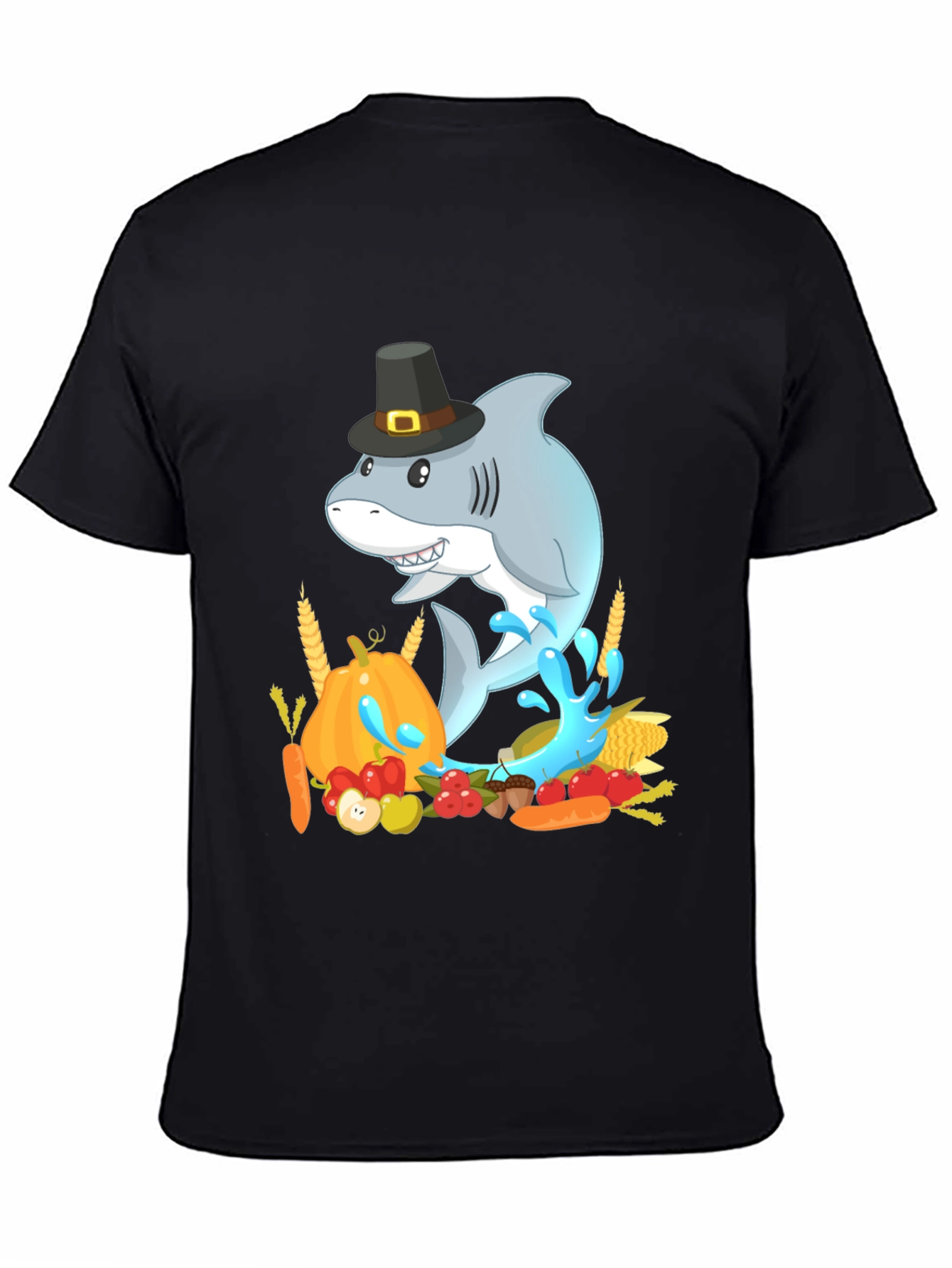 Thanksgiving Shark Mens Black T-Shirt