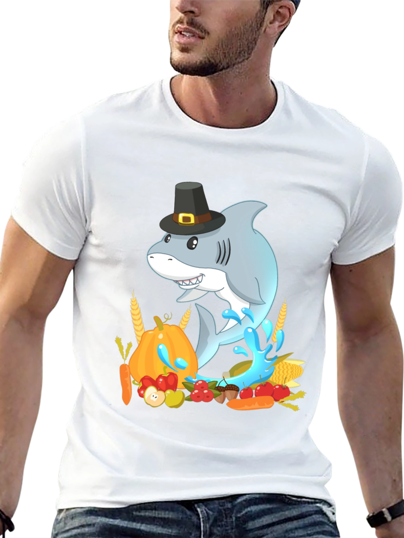 Thanksgiving Shark Mens Black T-Shirt