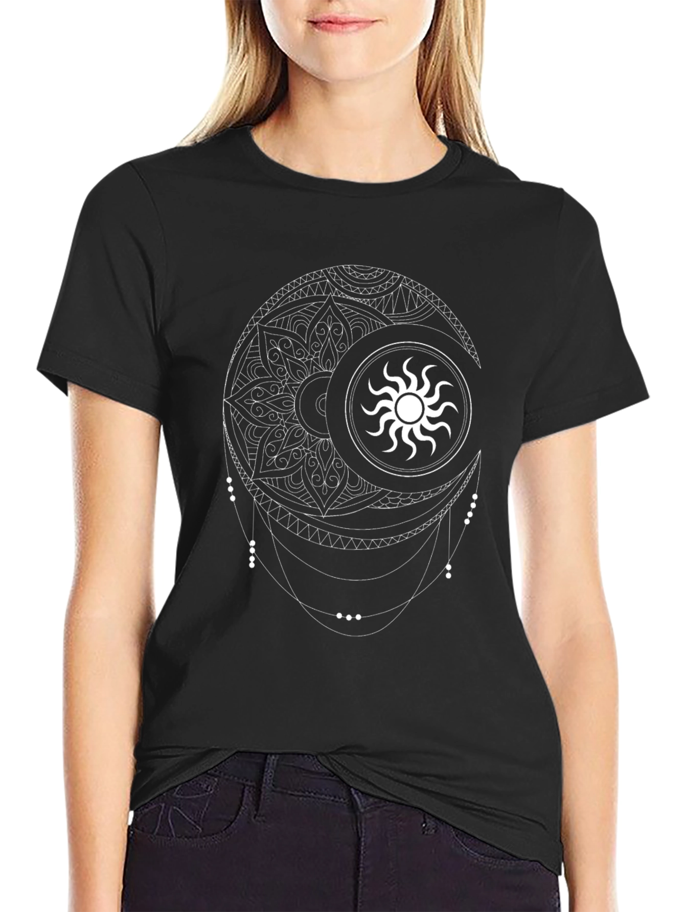 Sun & Moon Mandala Graphic Tee - Black Cotton
