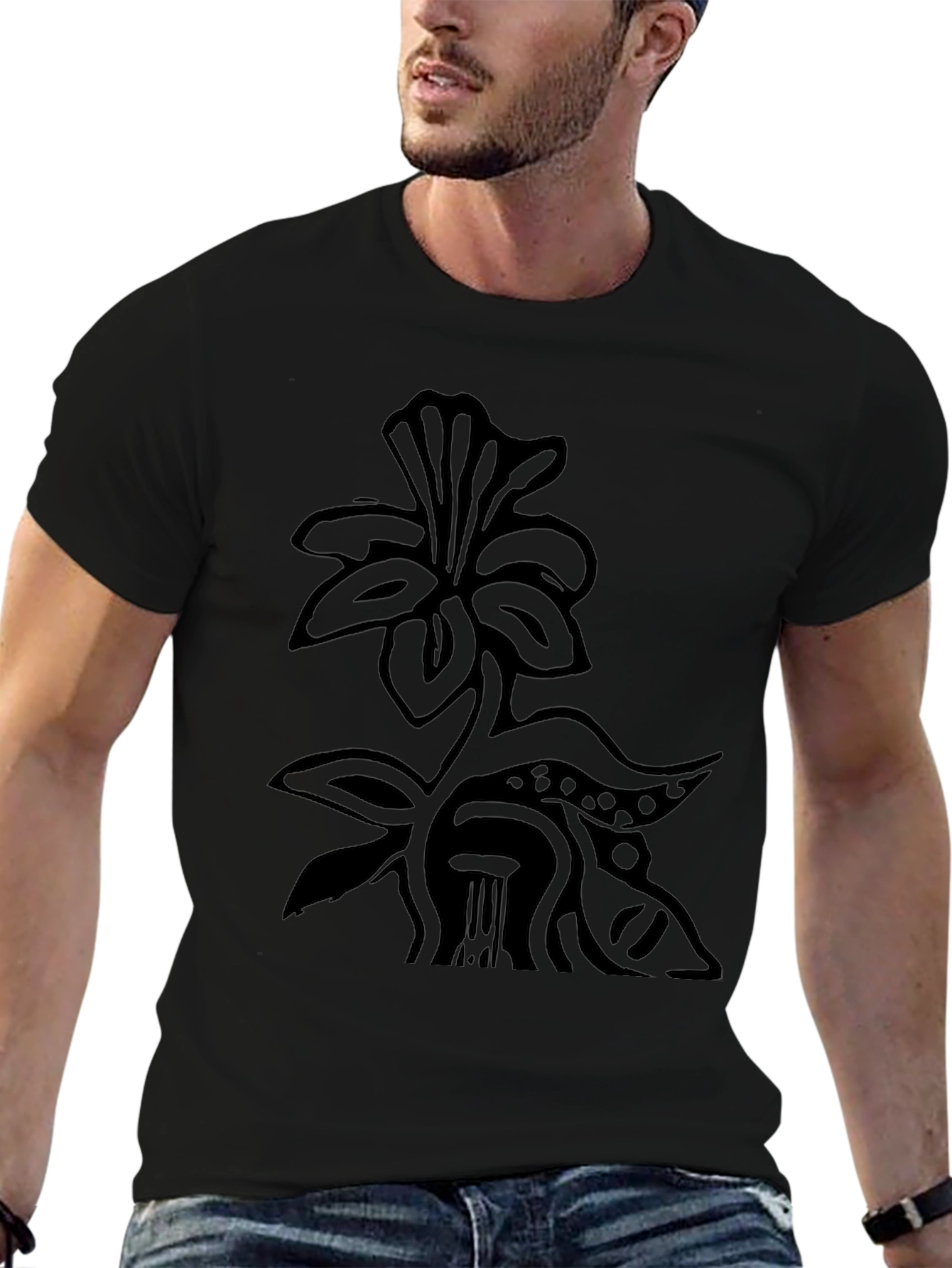 Black T-Shirt with Floral Art Design
