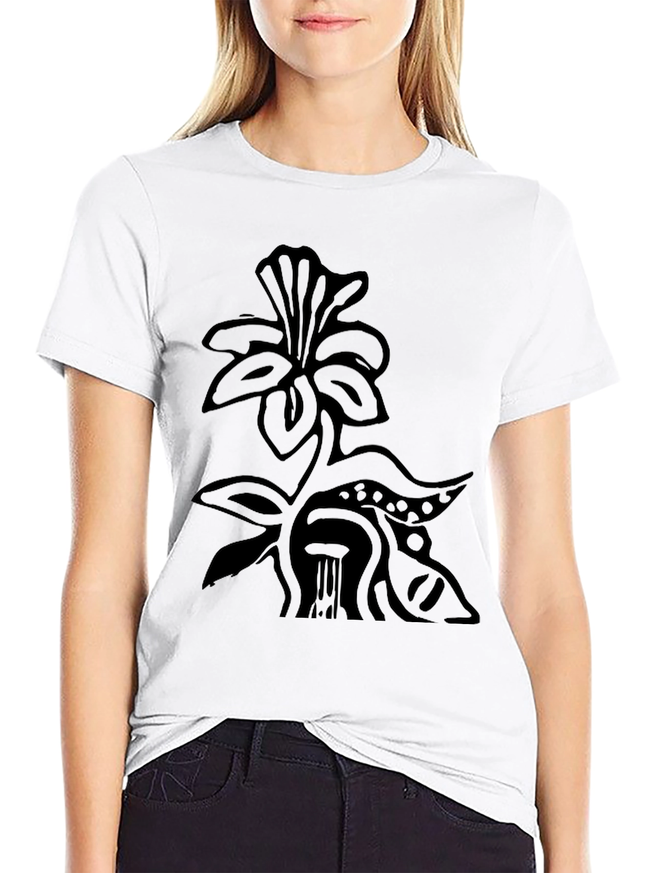 Black T-Shirt with Floral Art Design