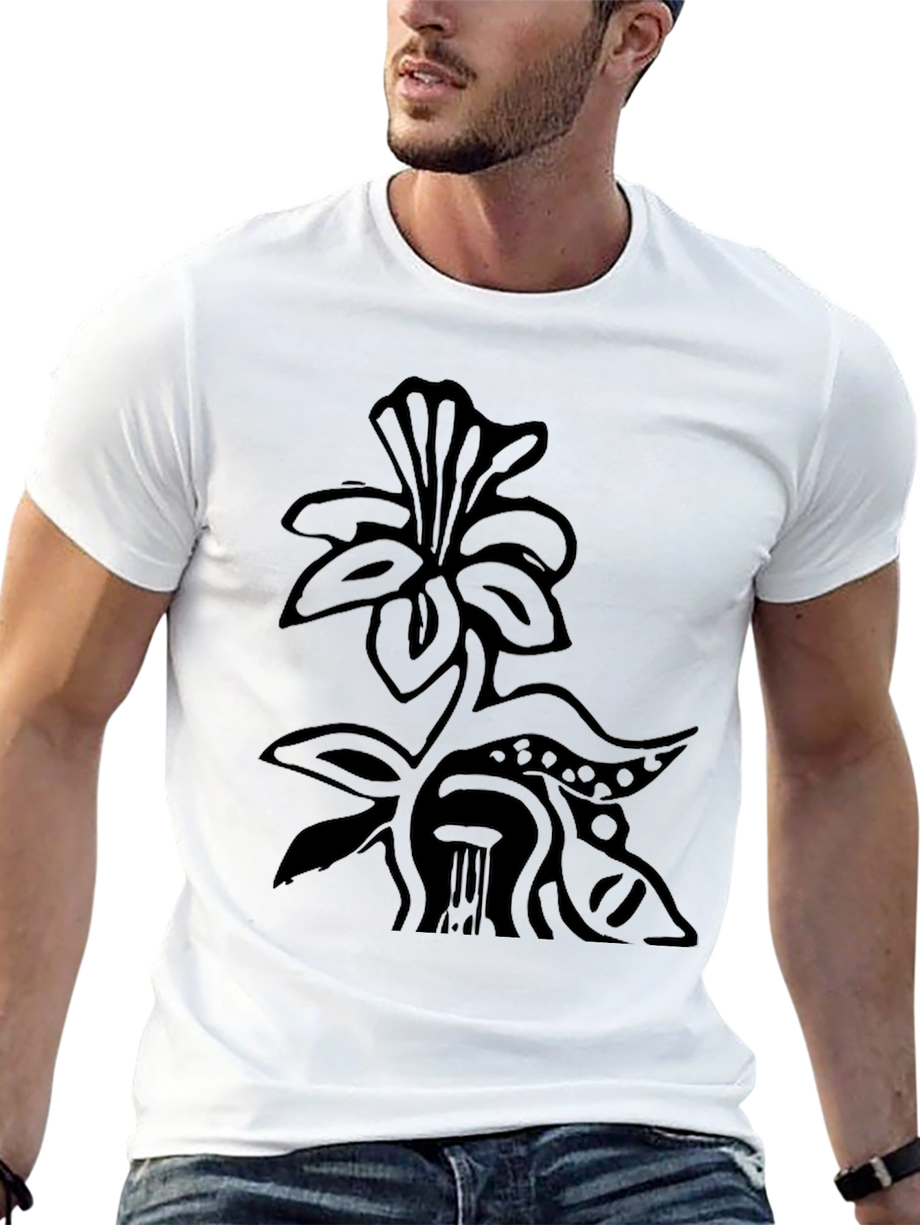 Black T-Shirt with Floral Art Design