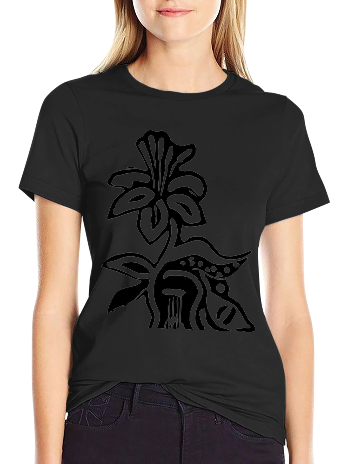 Black T-Shirt with Floral Art Design