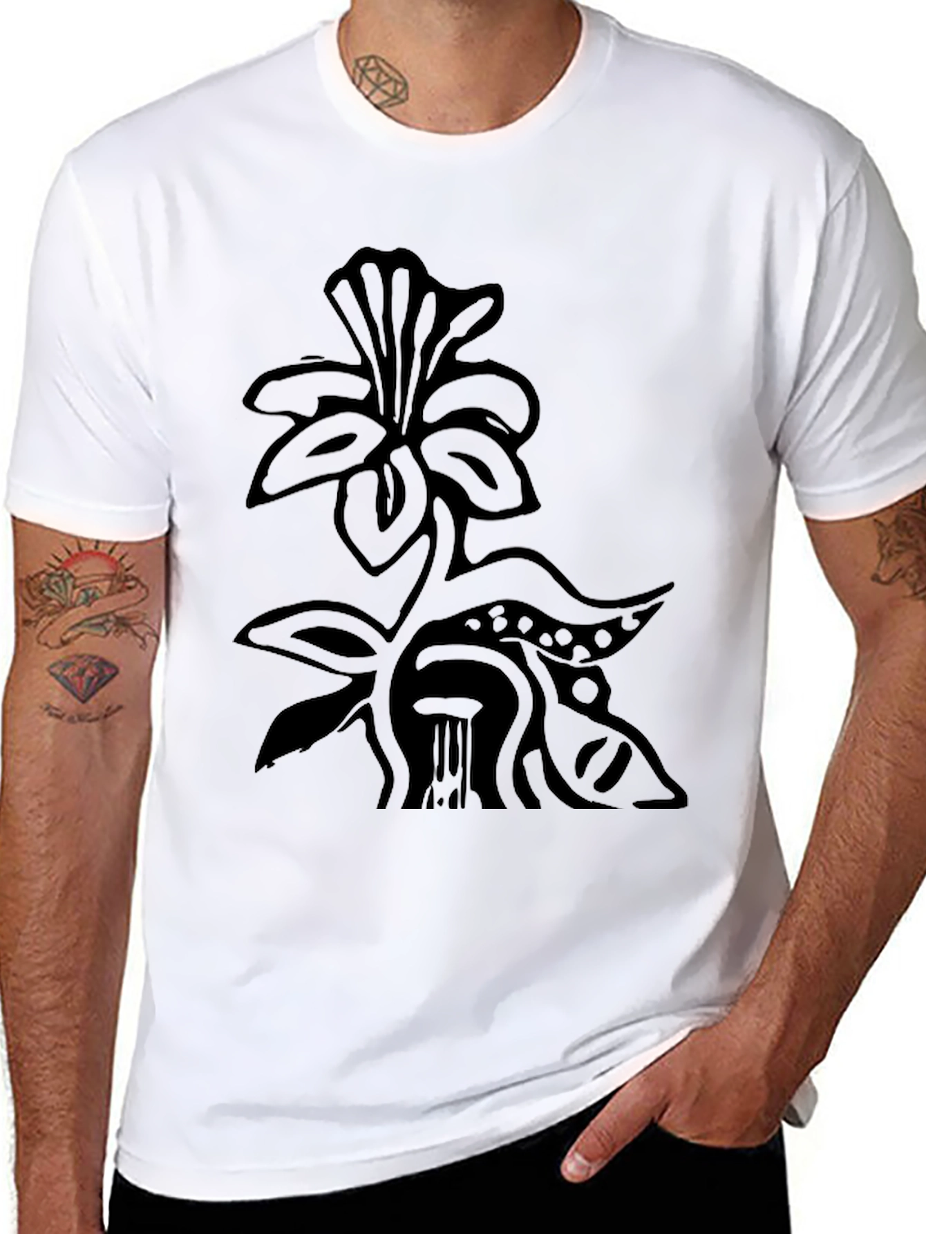Black T-Shirt with Floral Art Design