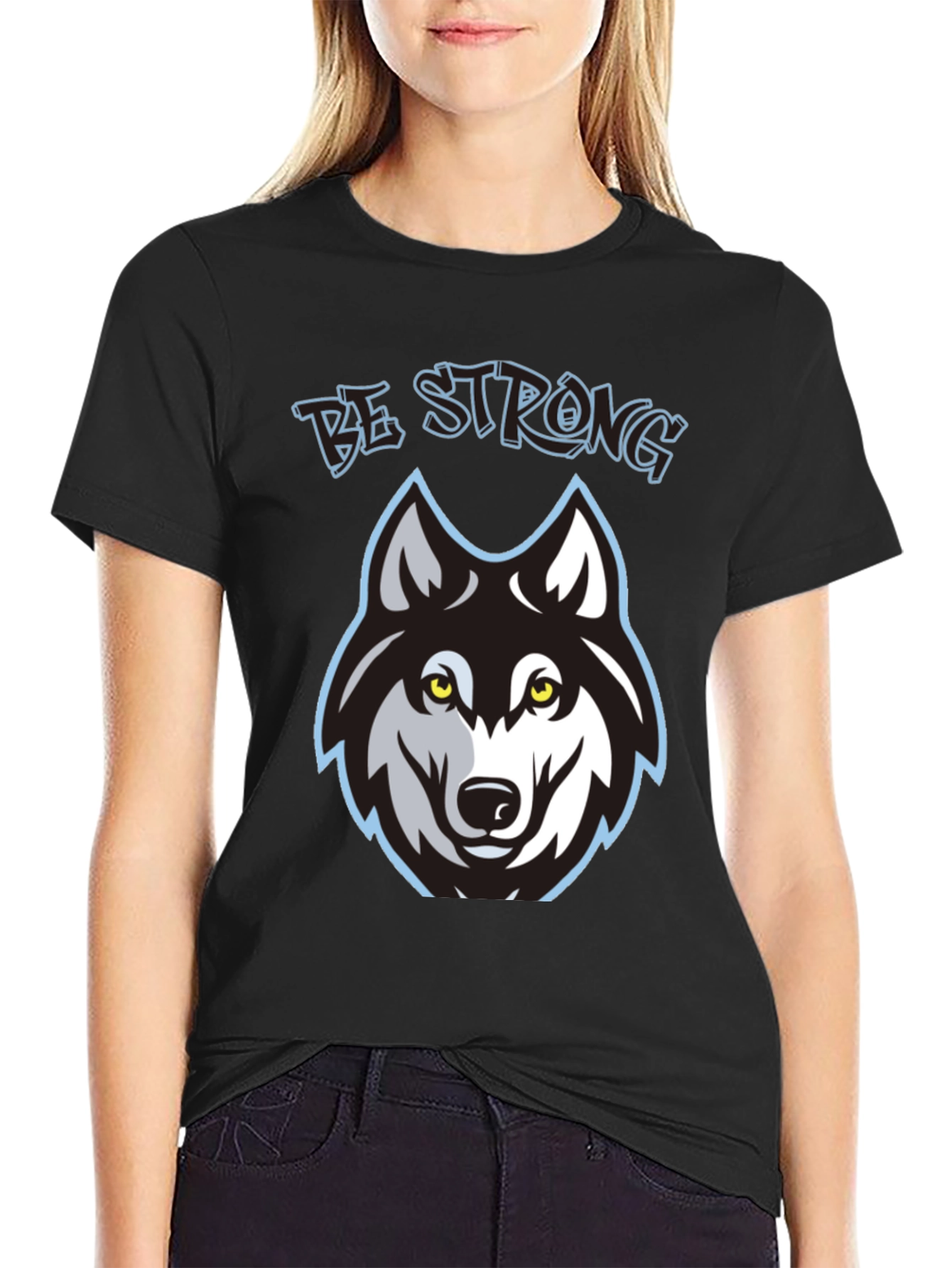 Be Strong Wolf Graphic Black T-Shirt