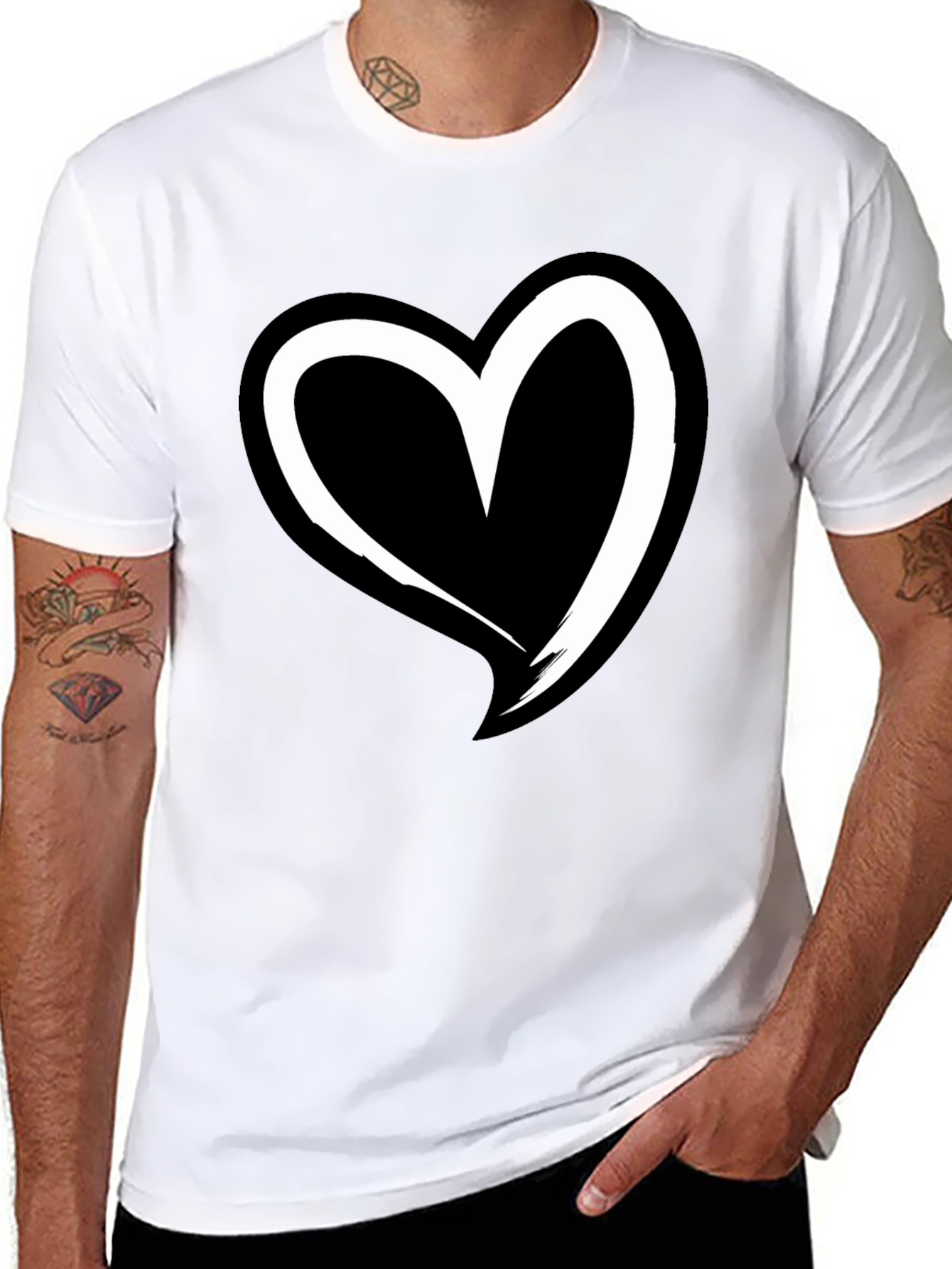 Black T-Shirt with White Heart Graphic