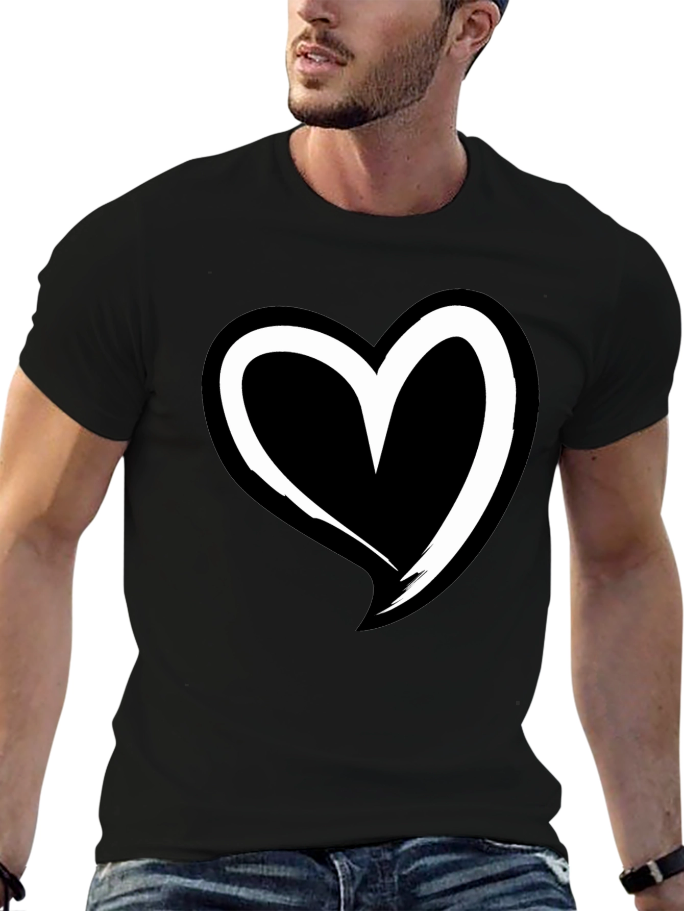 Black T-Shirt with White Heart Graphic