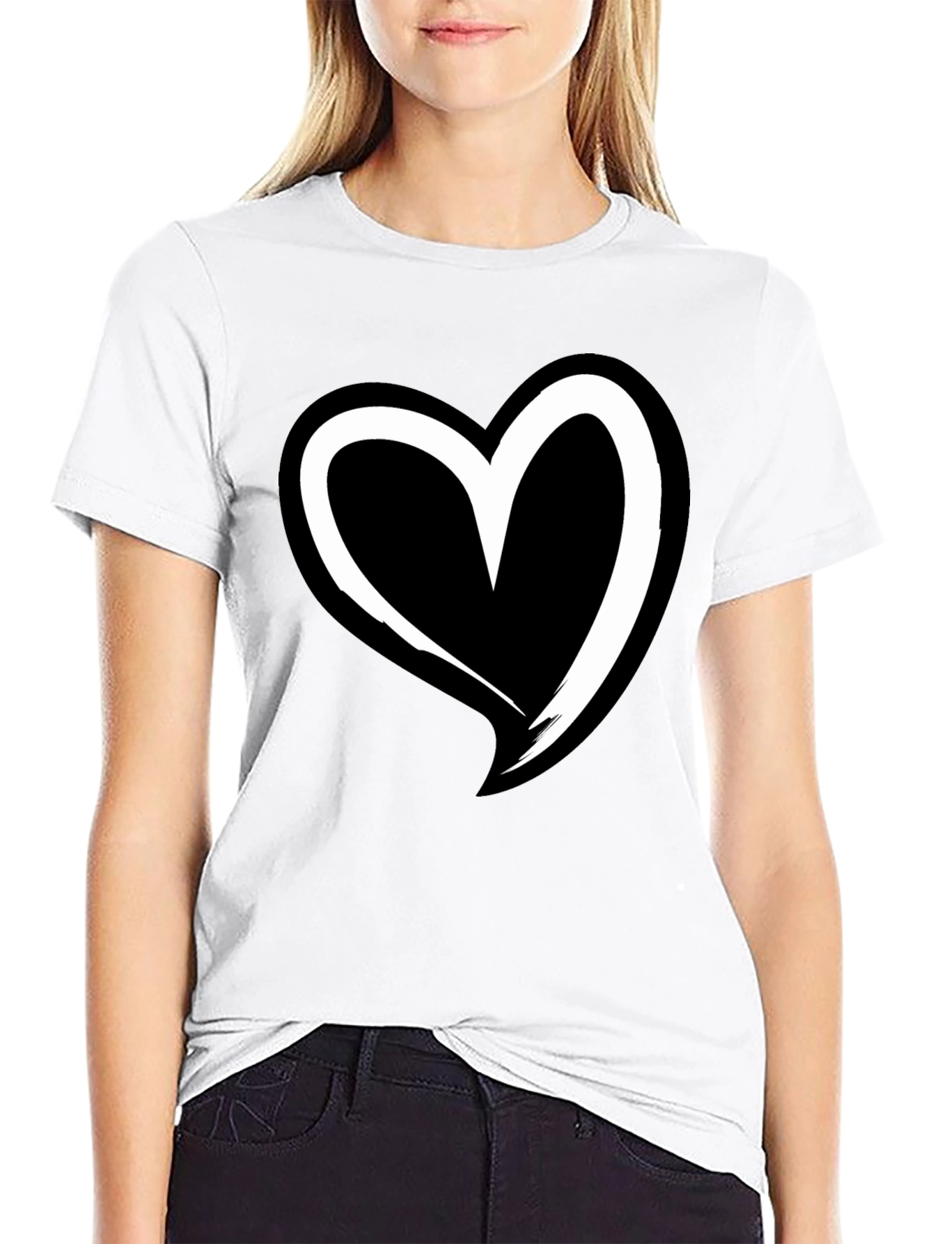 Black T-Shirt with White Heart Graphic