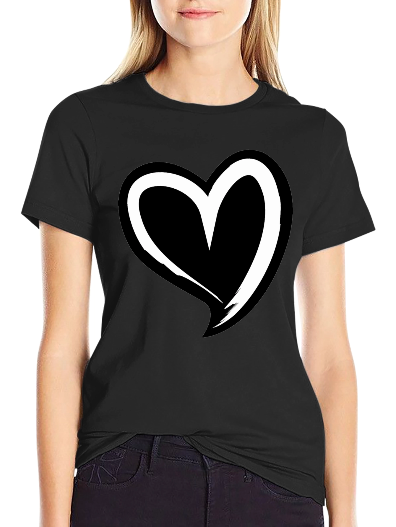 Black T-Shirt with White Heart Graphic