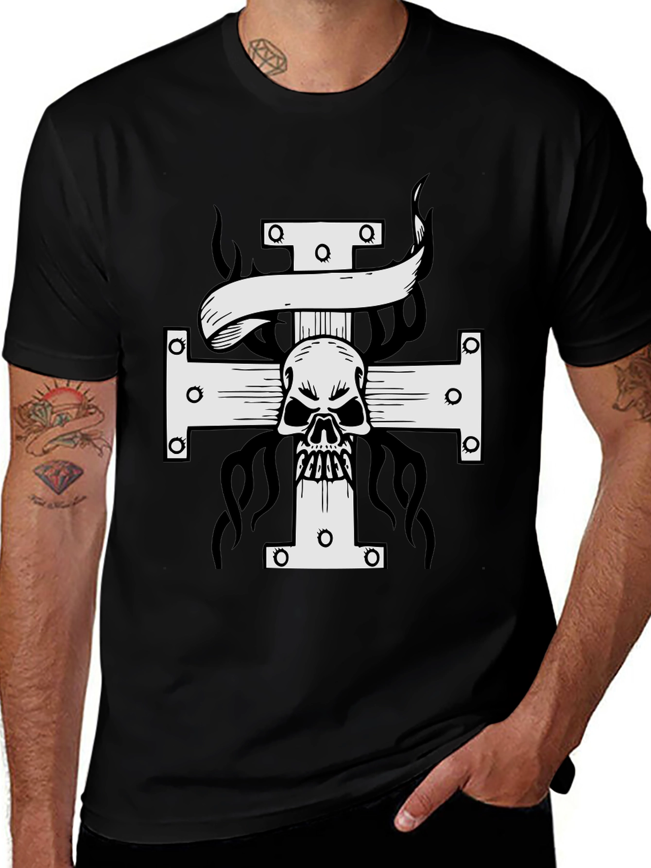 Skull Cross Graphic Tee - Black