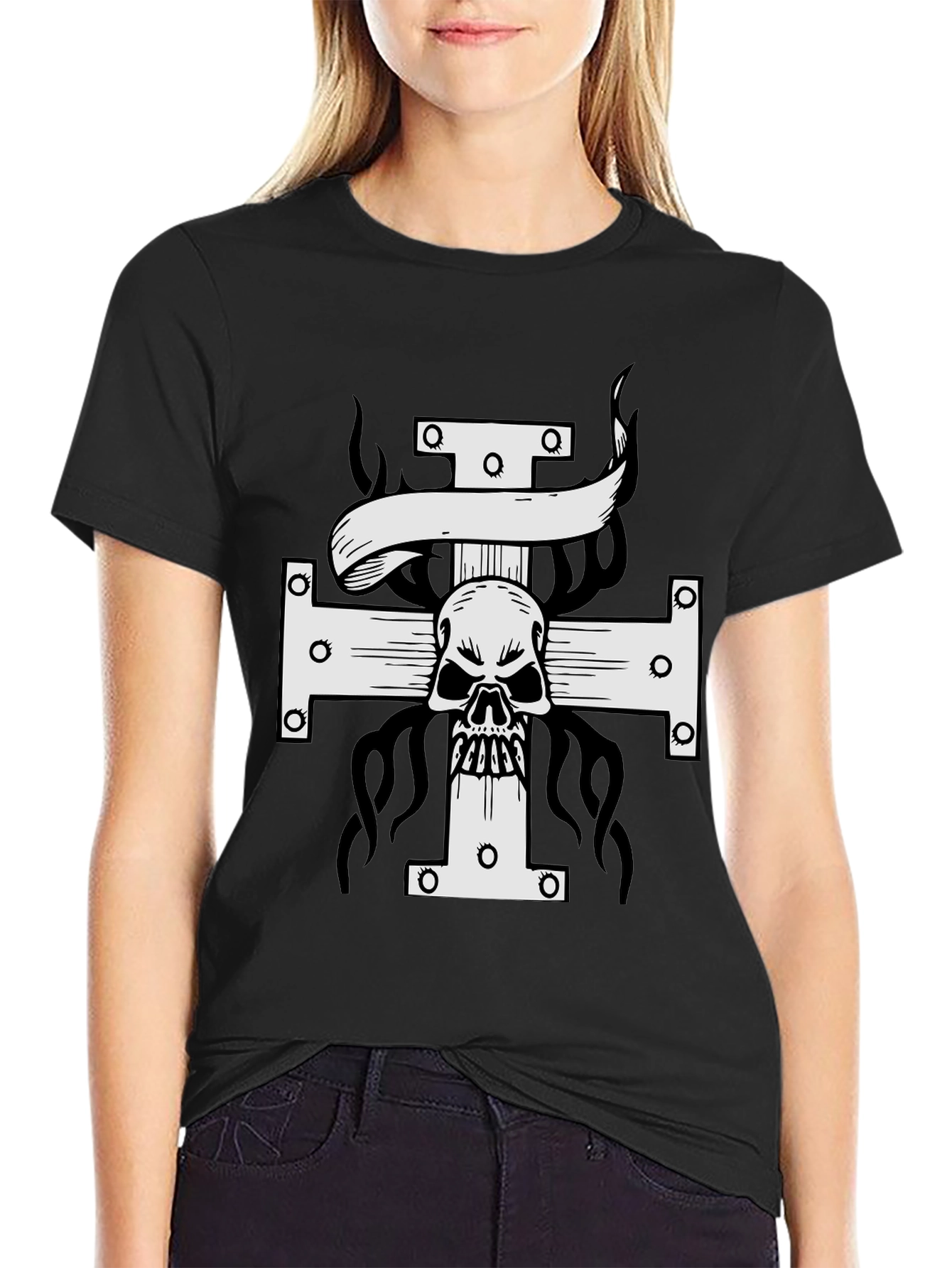 Skull Cross Graphic Tee - Black