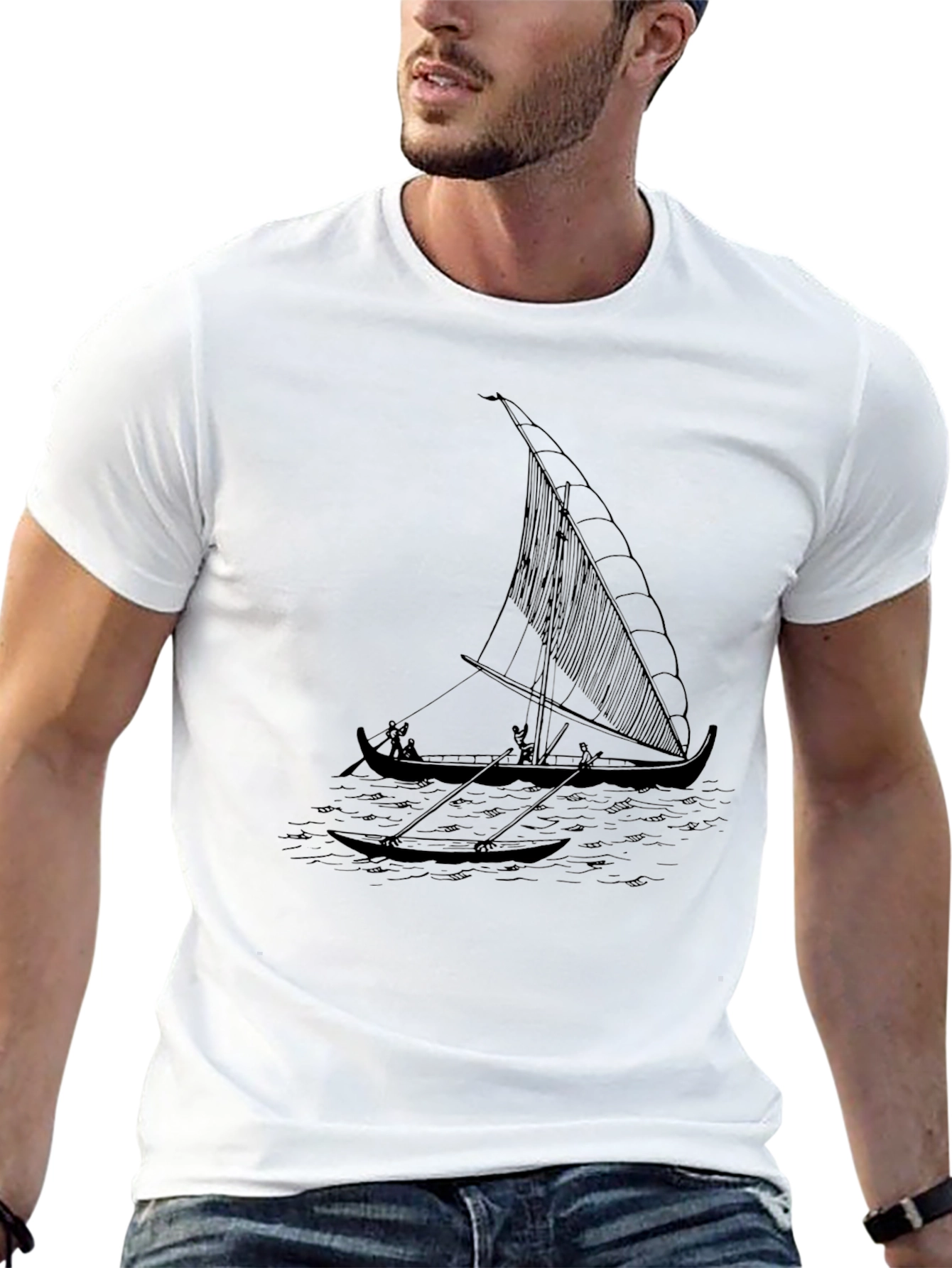 Black T-Shirt with Outrigger Canoe Print