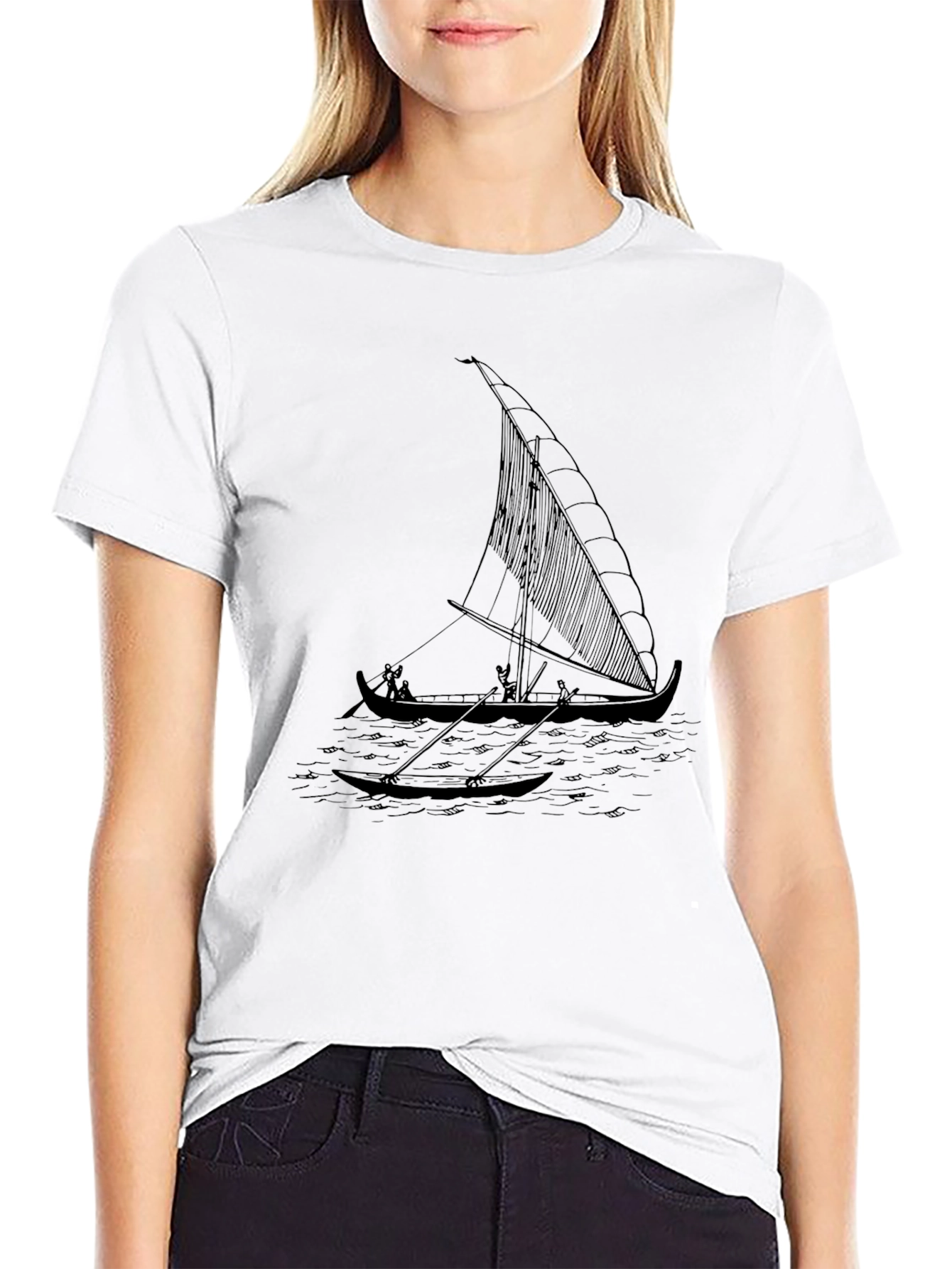 Black T-Shirt with Outrigger Canoe Print