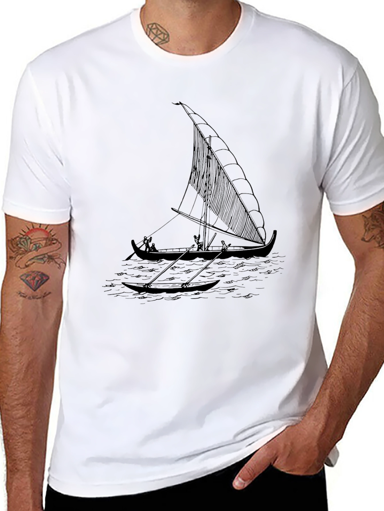 Black T-Shirt with Outrigger Canoe Print