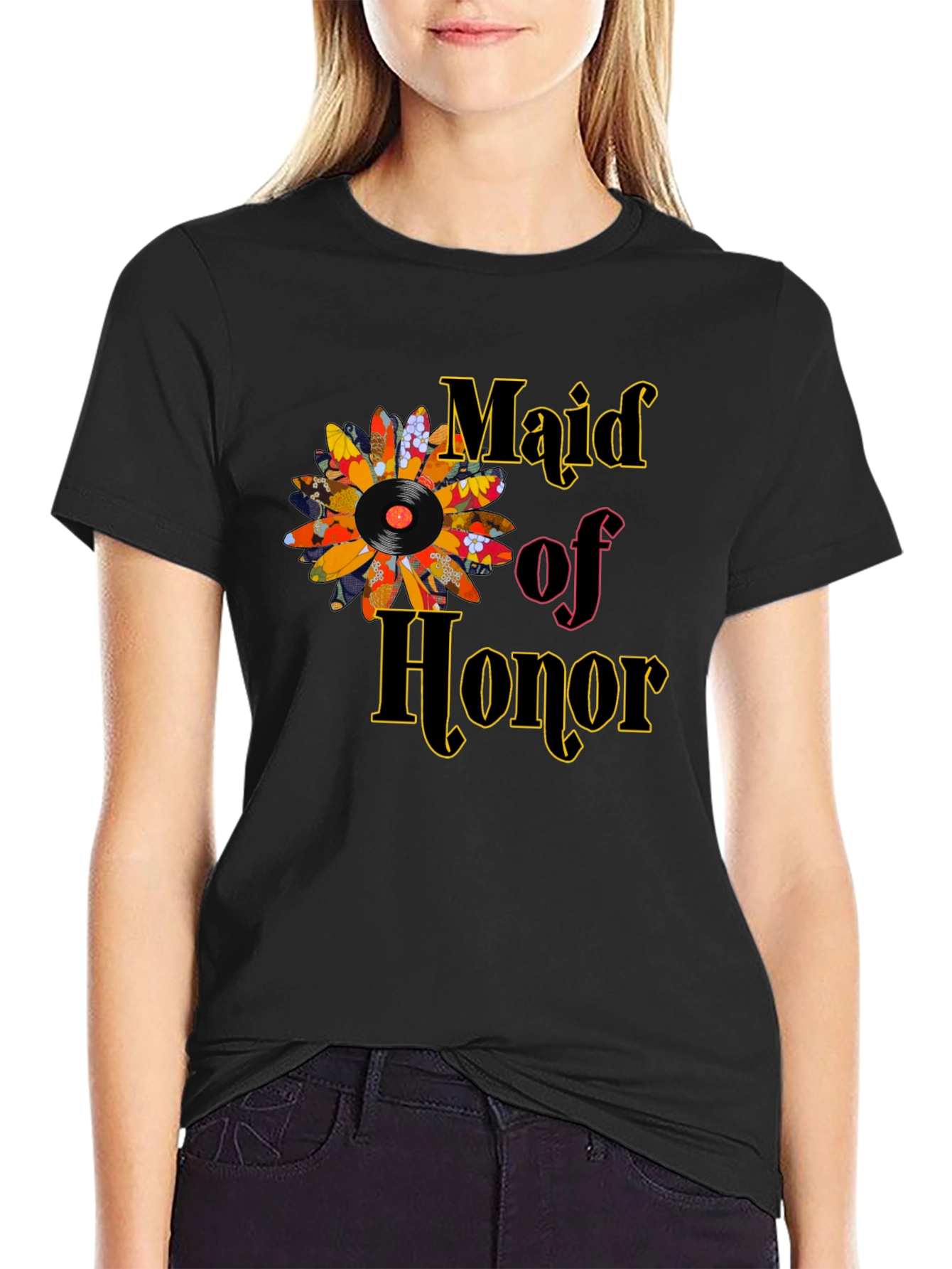 Maid of Honor Vinyl Flower T-Shirt