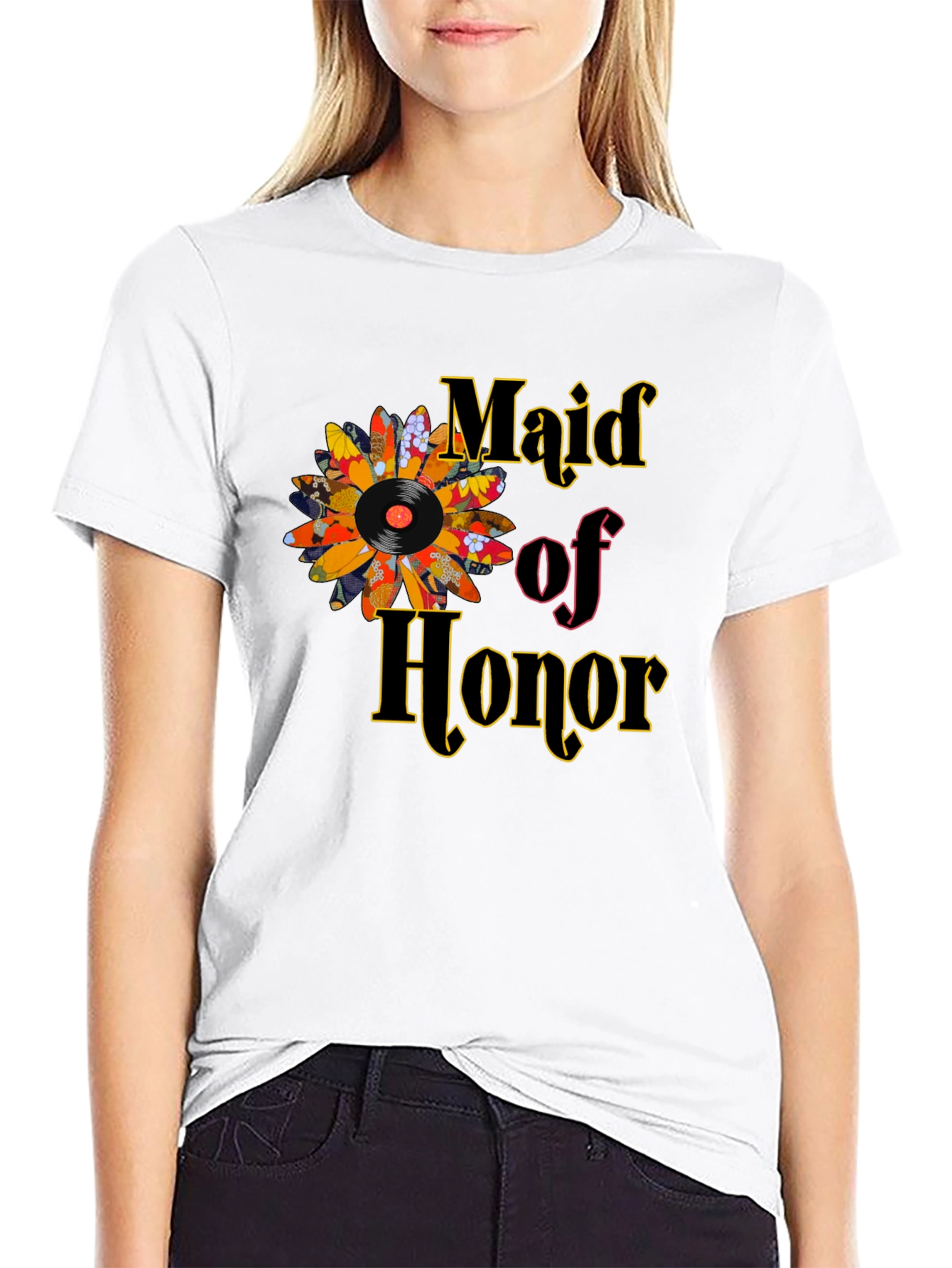 Maid of Honor Vinyl Flower T-Shirt