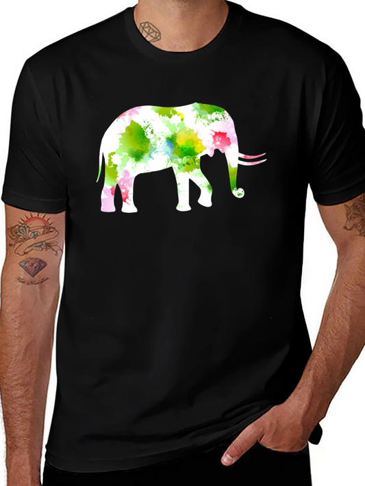 Watercolor Elephant Print Black T-Shirt