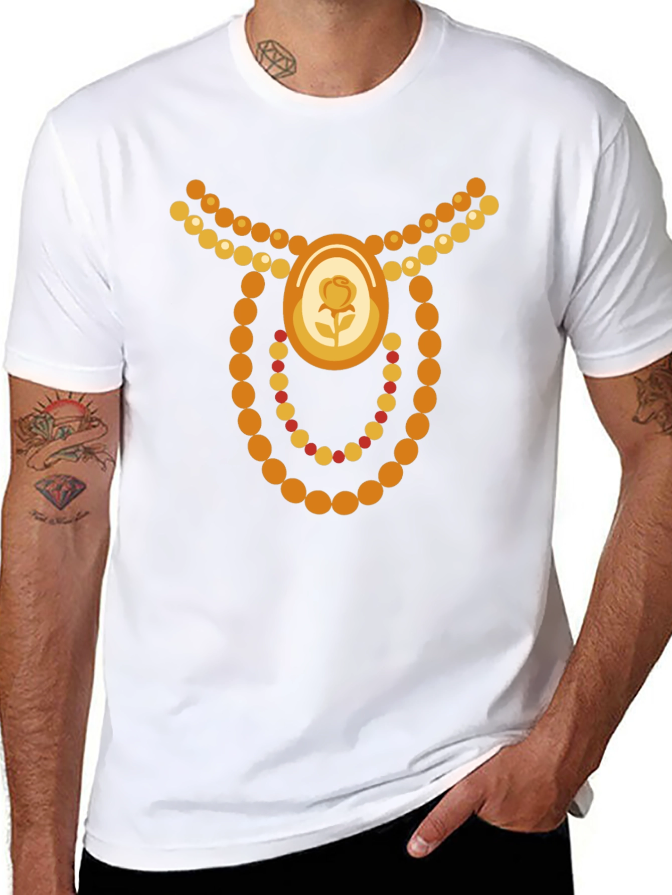 Novelty Jewel Rose Bead Necklace Graphic Black T-Shirt